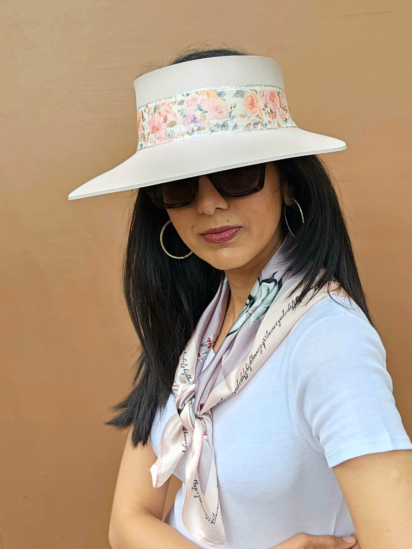 Tall Light Pink "LadyEVA" Visor Hat with Bold Floral Band