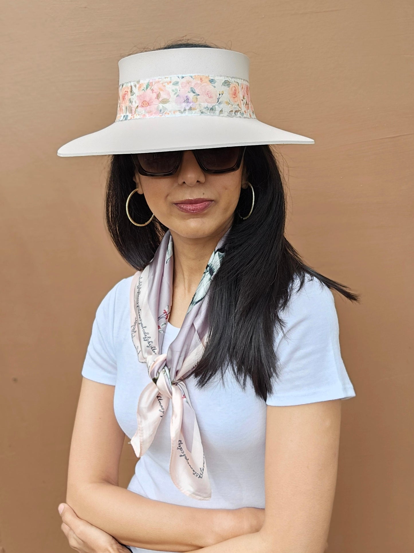 Tall Light Pink "LadyEVA" Visor Hat with Bold Floral Band