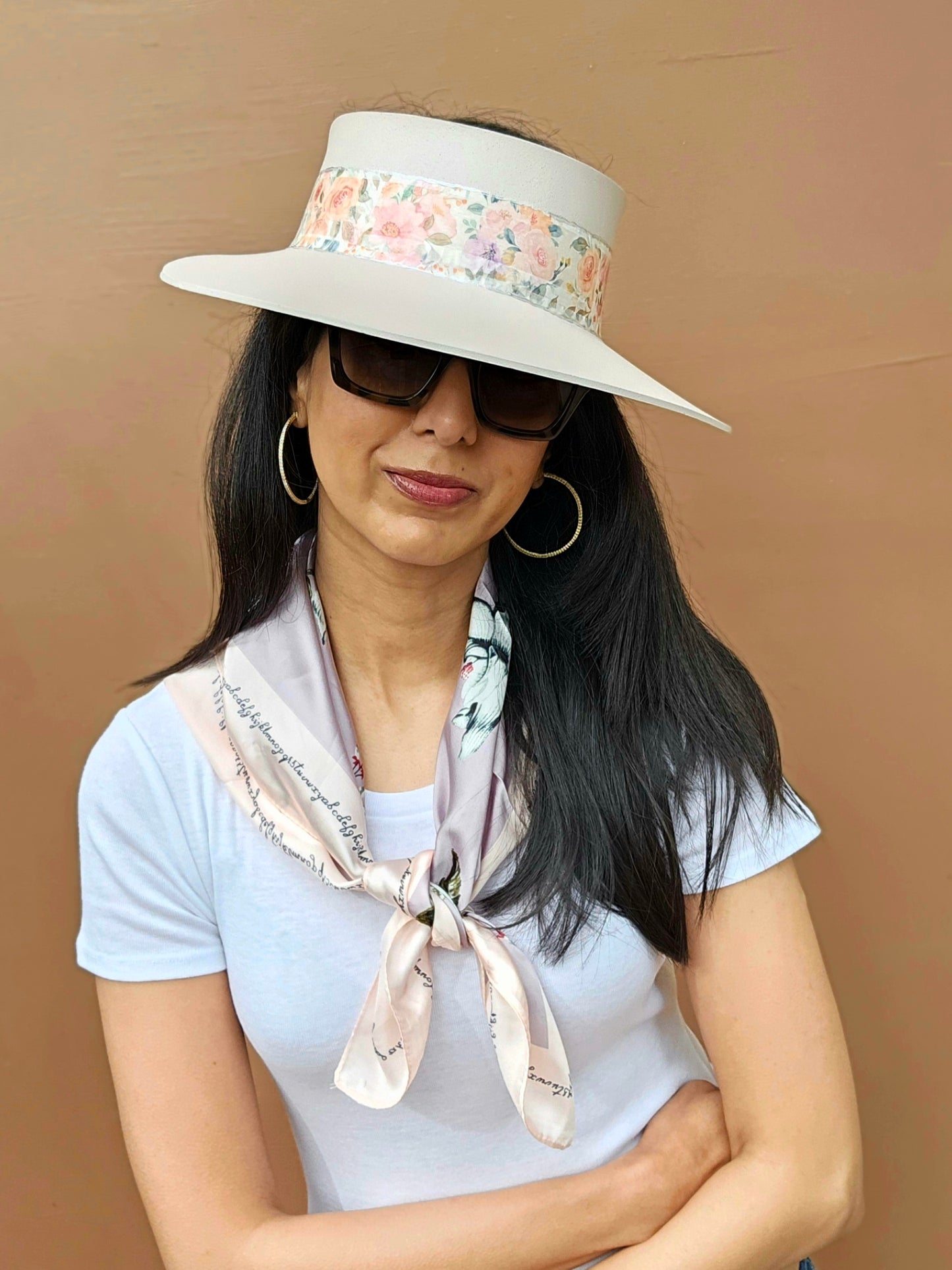 Tall Light Pink "LadyEVA" Visor Hat with Bold Floral Band