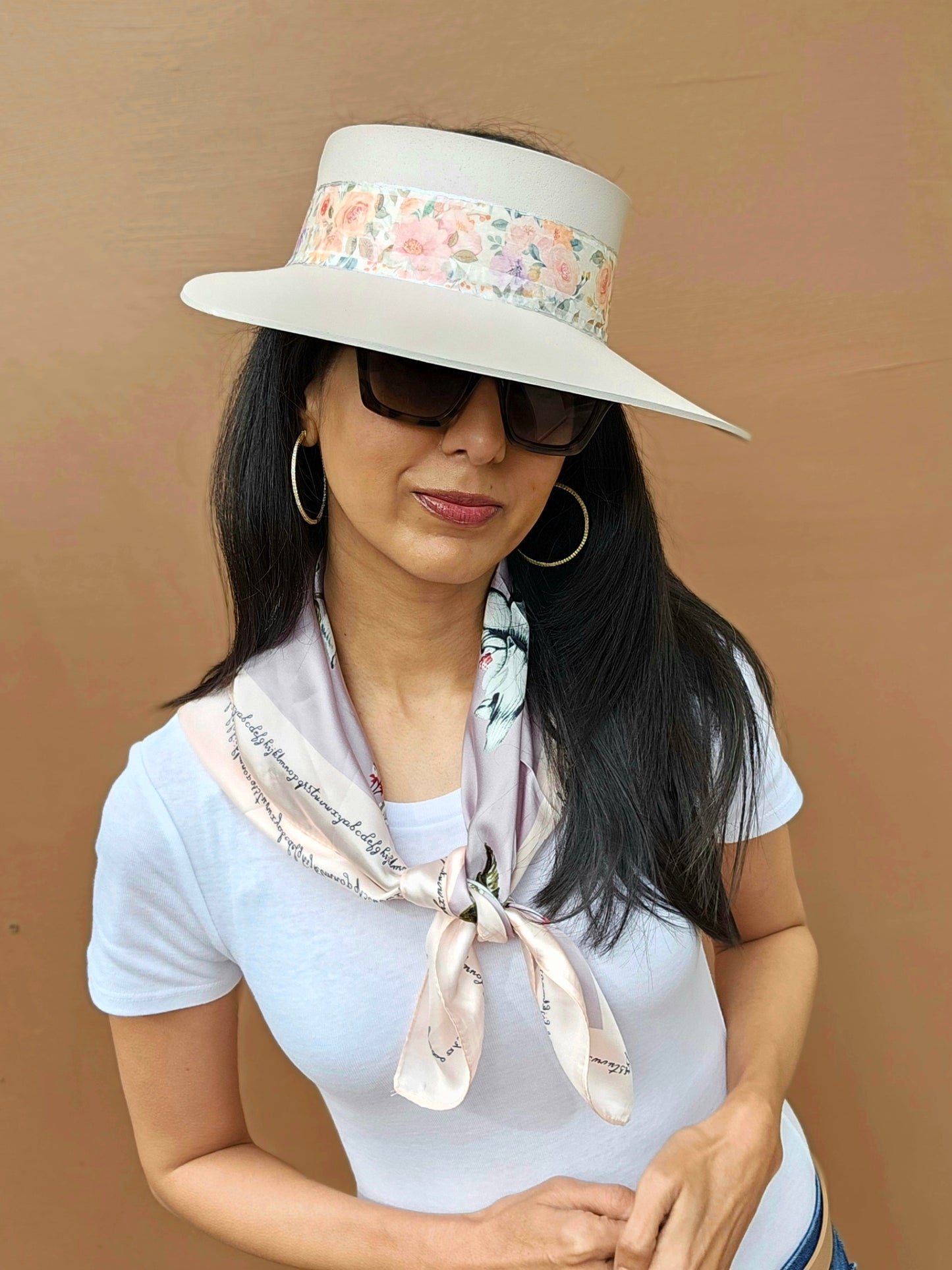 Tall Light Pink "LadyEVA" Visor Hat with Bold Floral Band