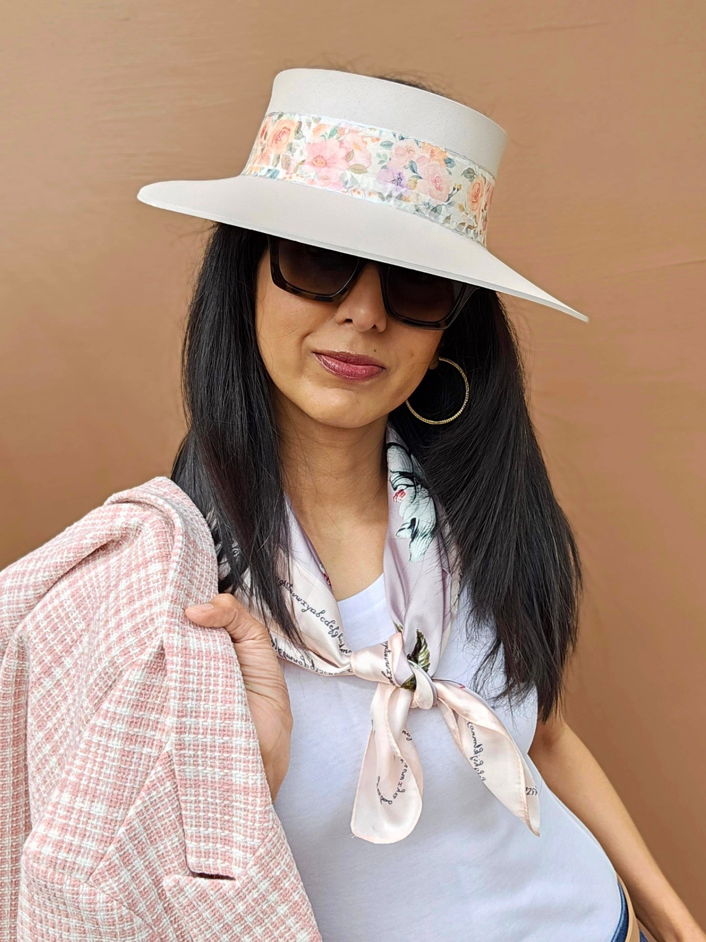 Tall Light Pink "LadyEVA" Visor Hat with Bold Floral Band