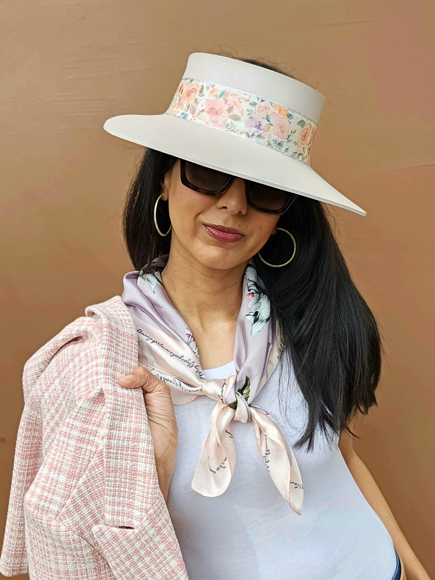 Tall Light Pink "LadyEVA" Visor Hat with Bold Floral Band