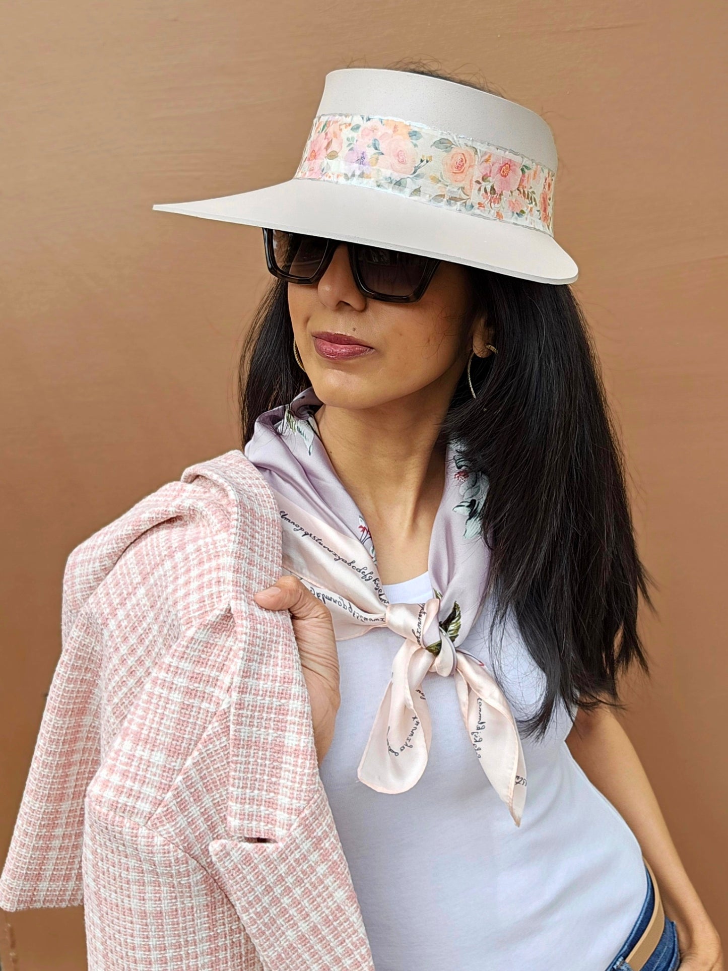 Tall Light Pink "LadyEVA" Visor Hat with Bold Floral Band