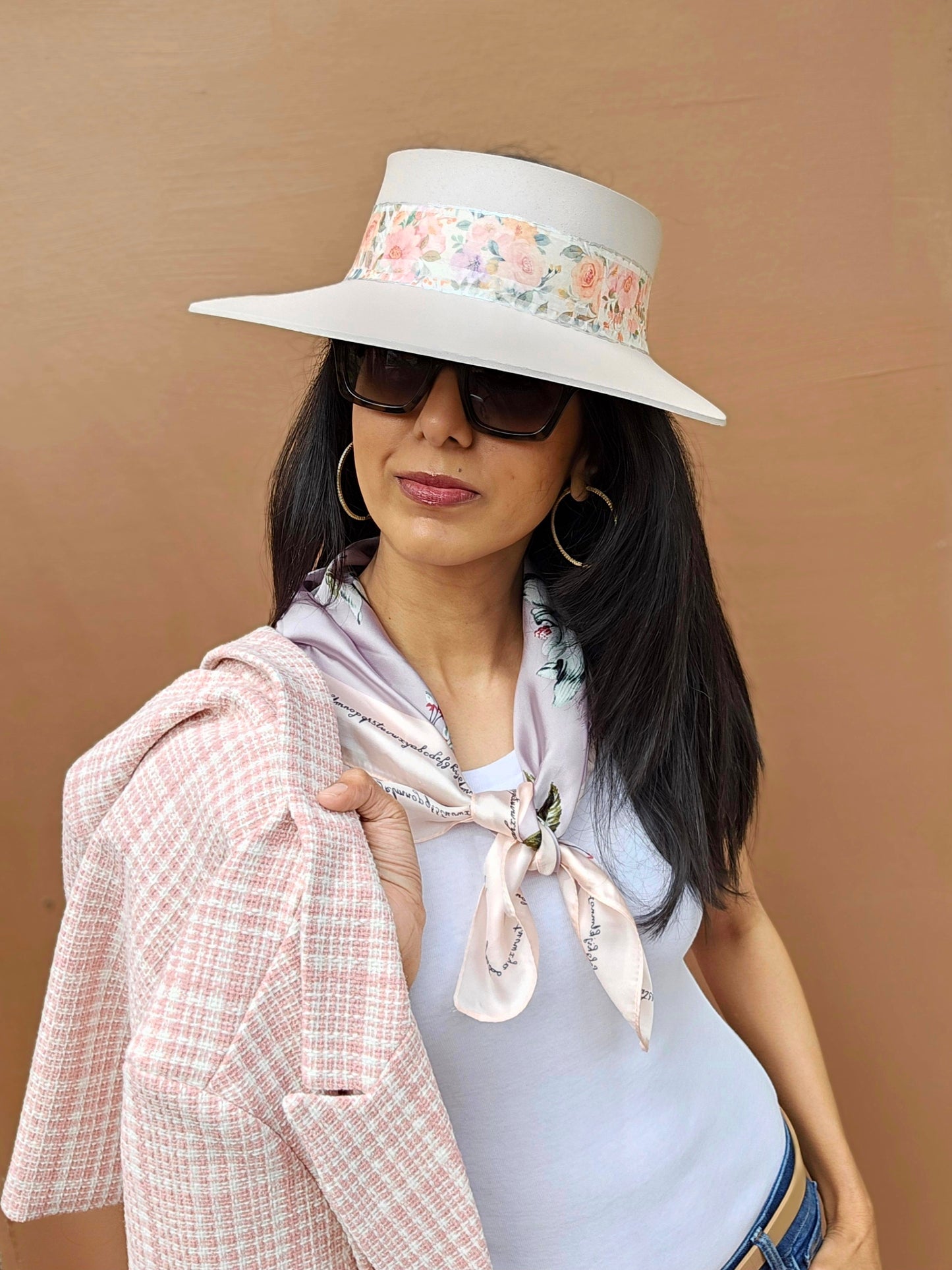 Tall Light Pink "LadyEVA" Visor Hat with Bold Floral Band