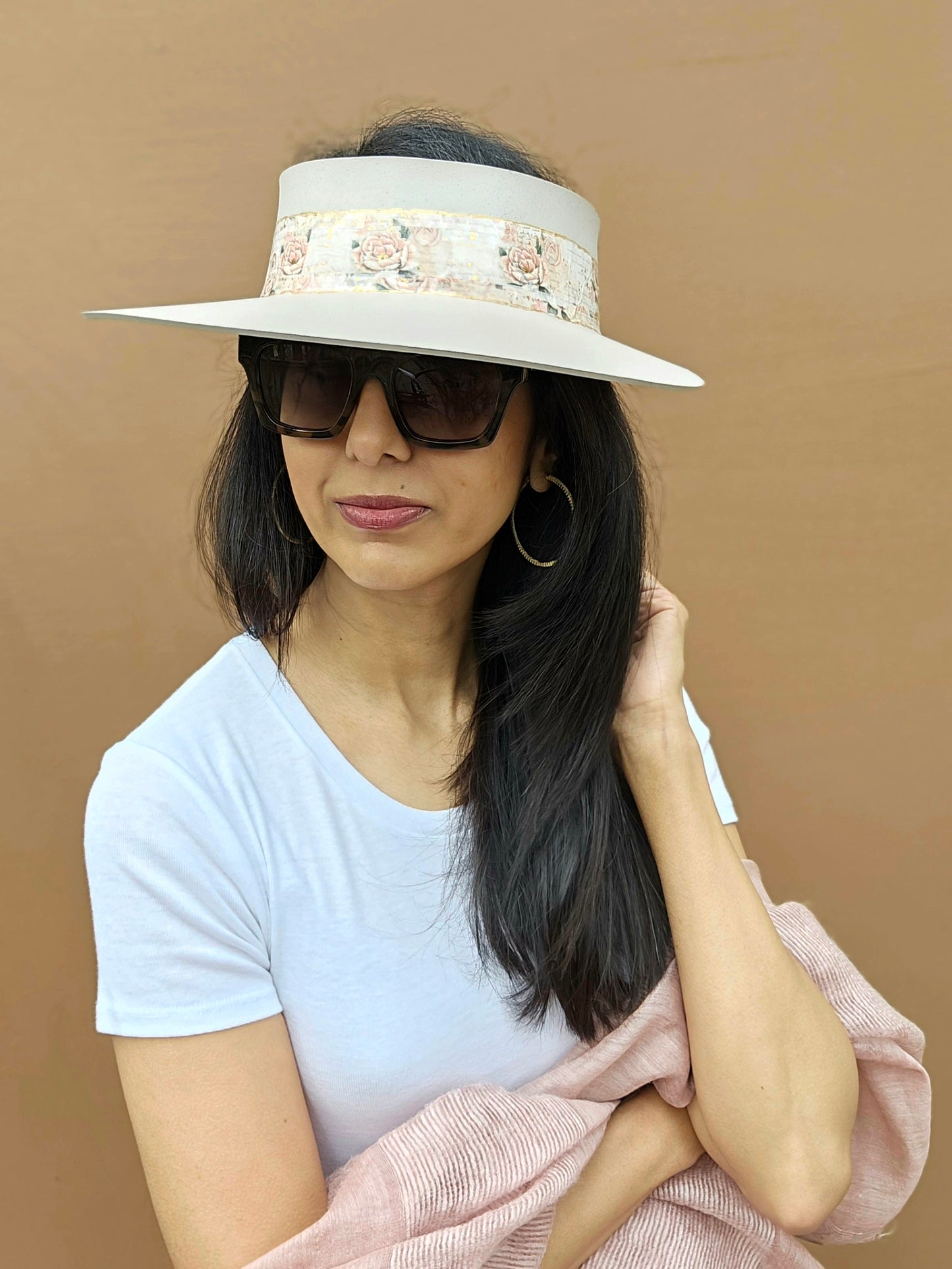 Tall Light Pink "LadyEVA" Visor Hat with Floral Band