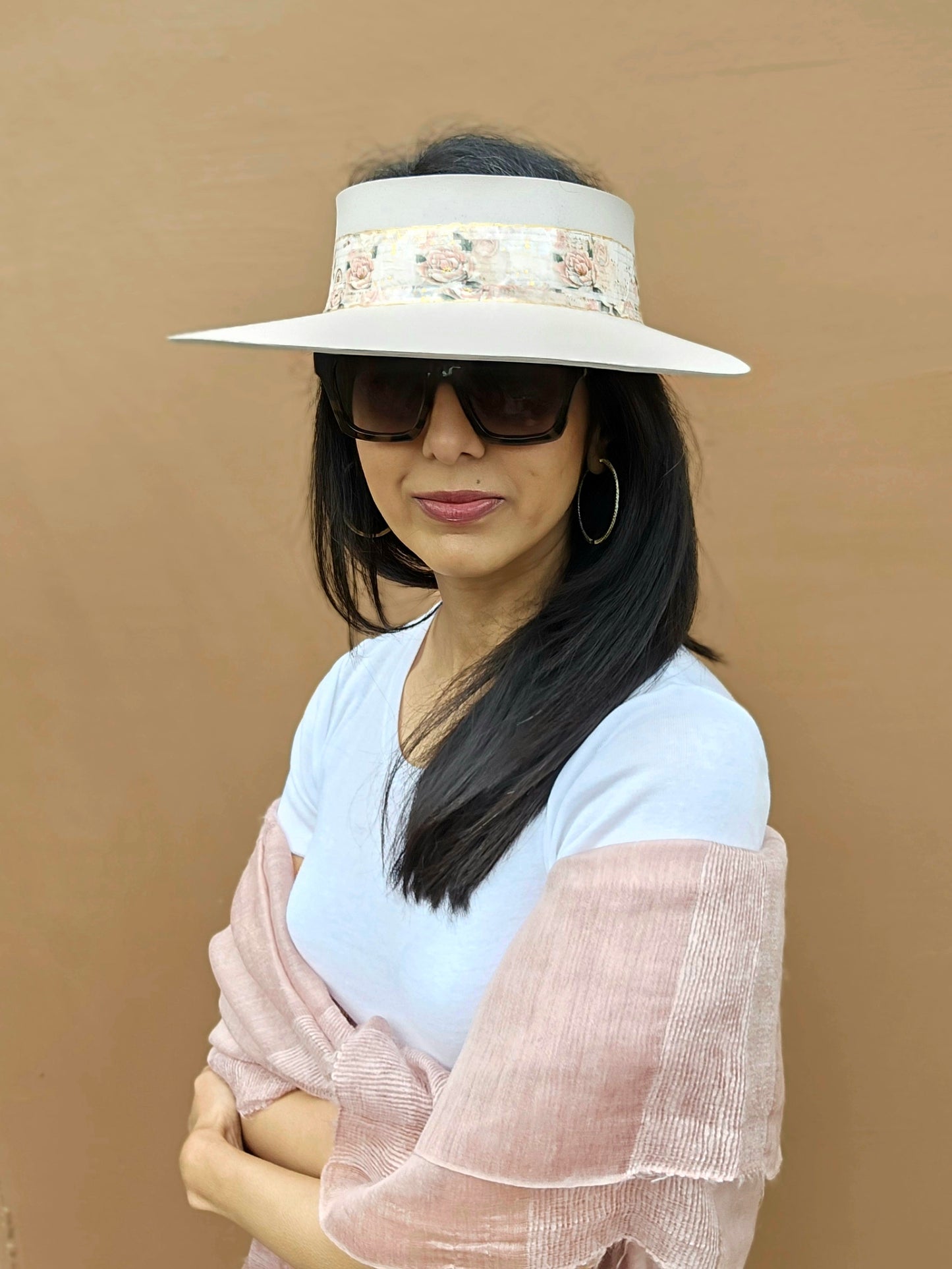 Tall Light Pink "LadyEVA" Visor Hat with Floral Band