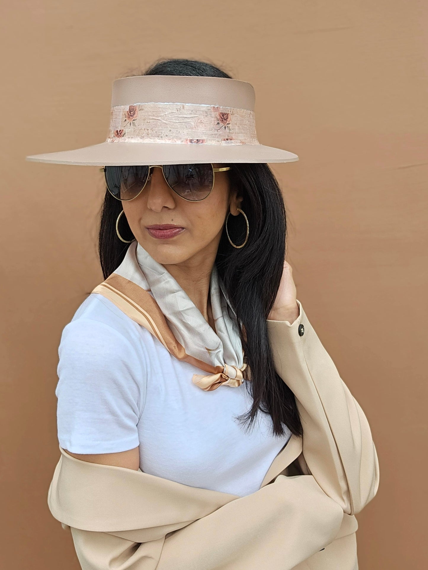 Tall Brown "LadyEVA" Visor Hat with Delicate Burgundy Floral Band