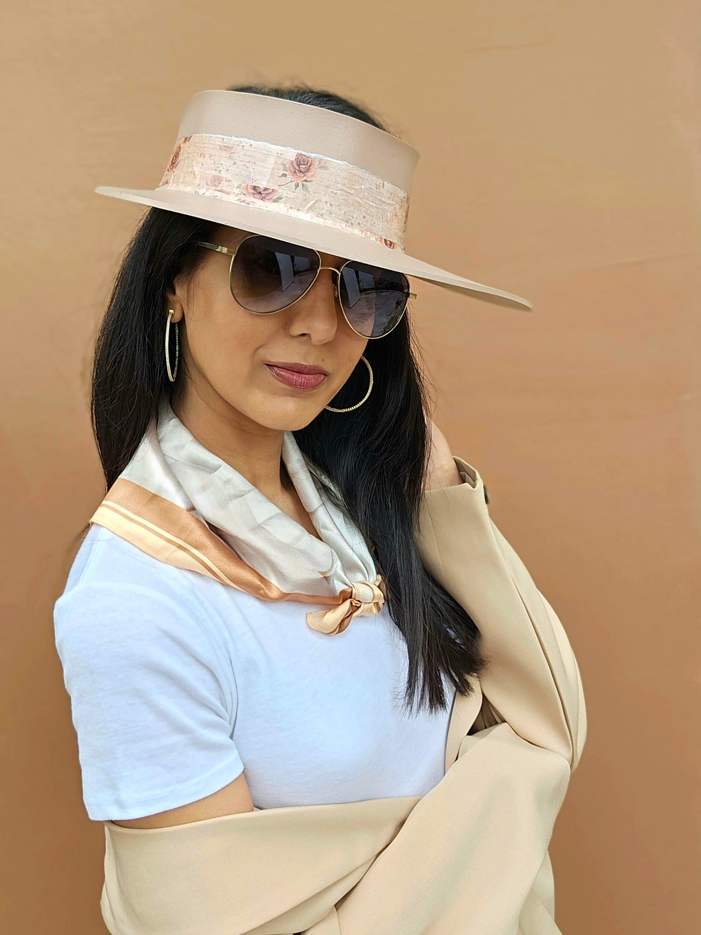 Tall Brown "LadyEVA" Visor Hat with Delicate Burgundy Floral Band