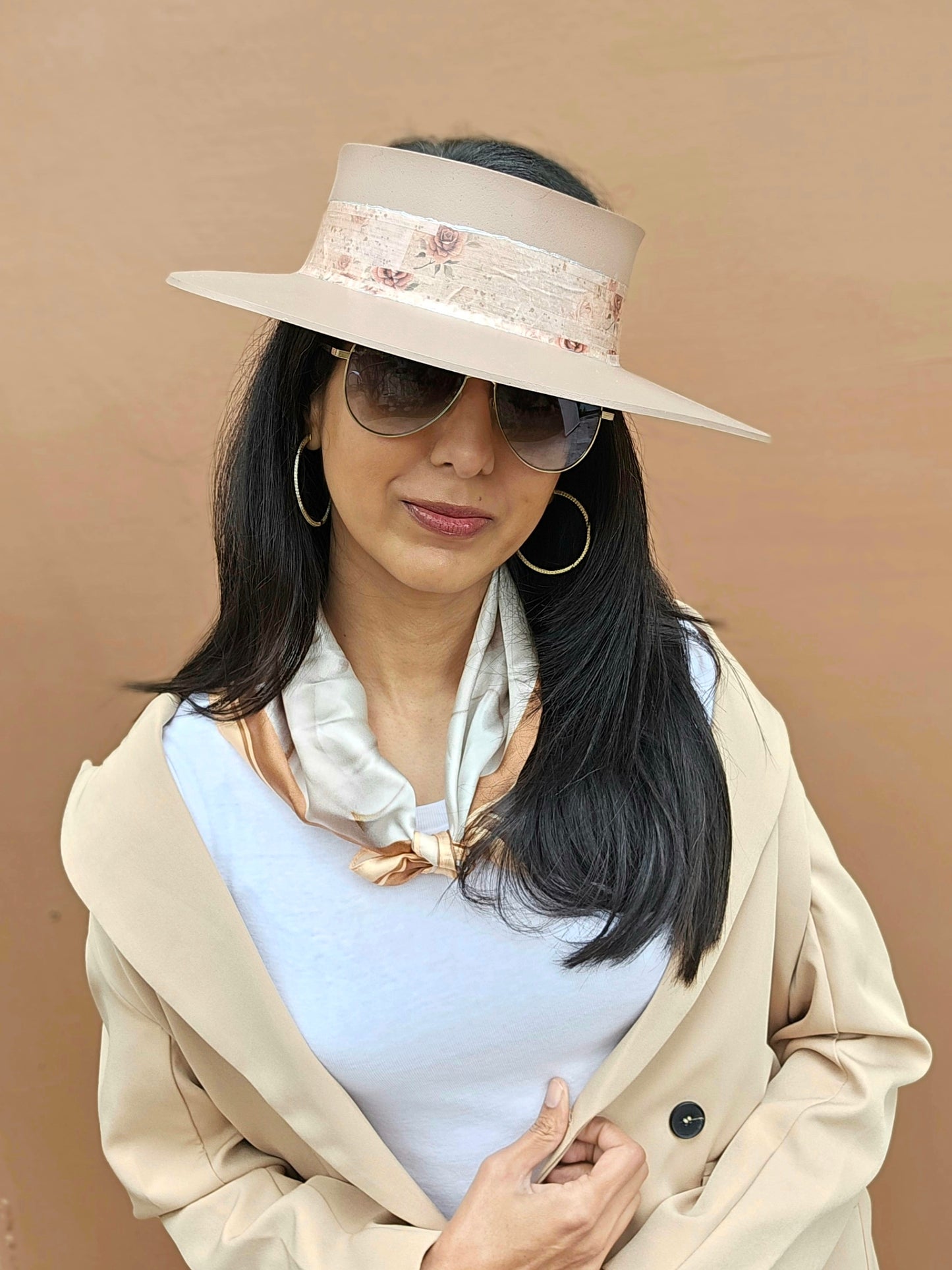 Tall Brown "LadyEVA" Visor Hat with Delicate Burgundy Floral Band