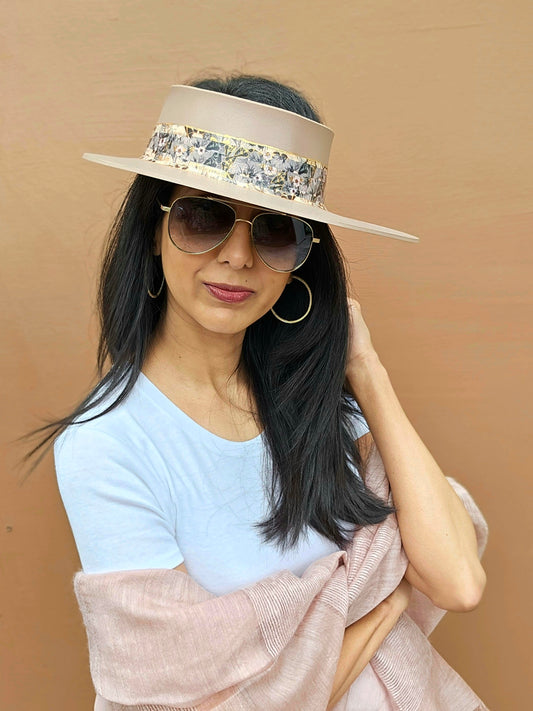 Tall Brown "LadyEVA" Visor Hat with Pink and Golden Floral Band