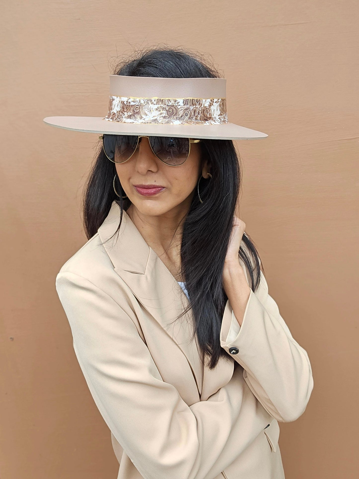 Brown "LadyEVA" Visor Hat with Golden Floral Band