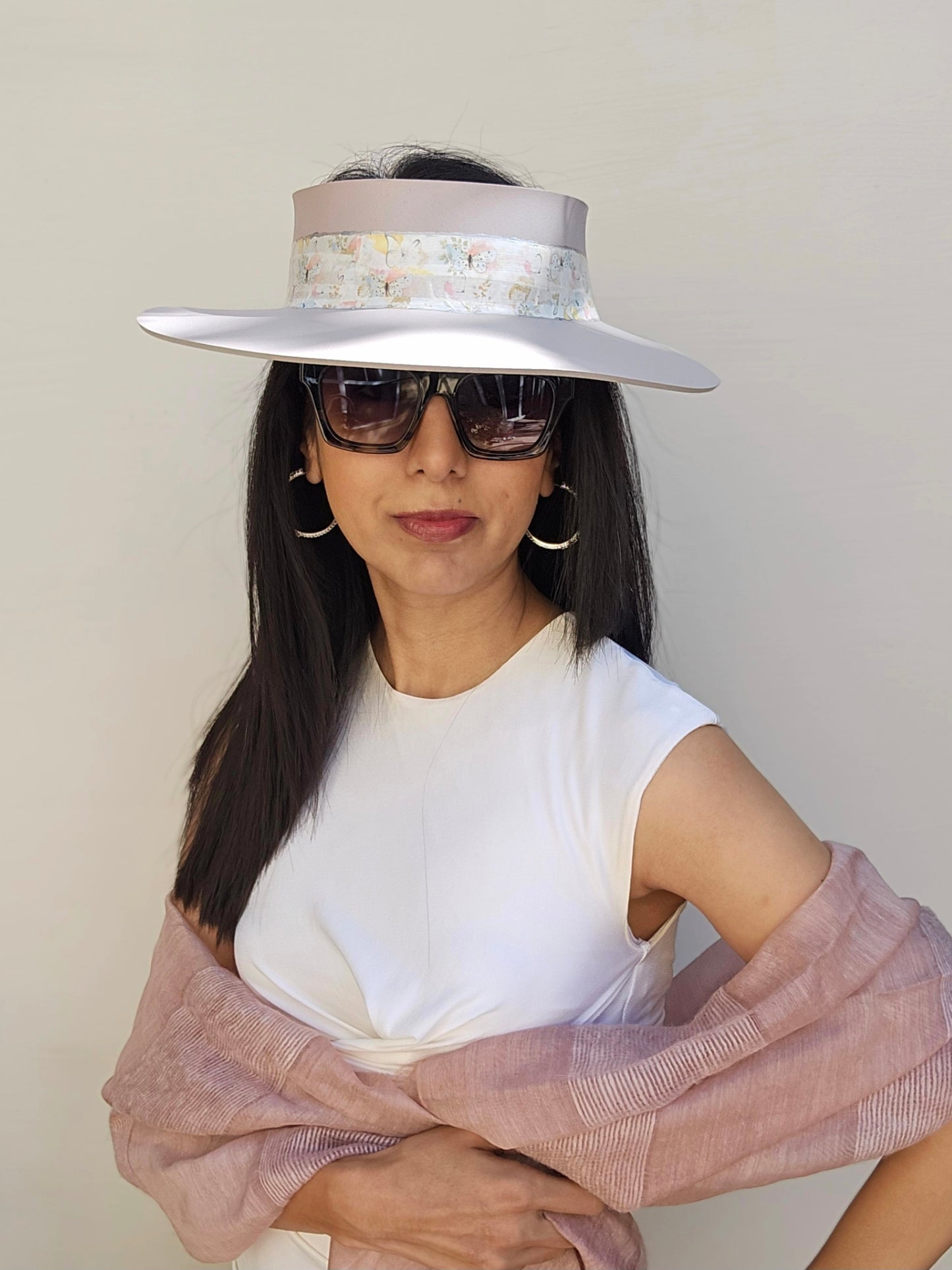 Light Pink "LadyEVA" Visor Hat with Pastel Floral and Butterfly Band