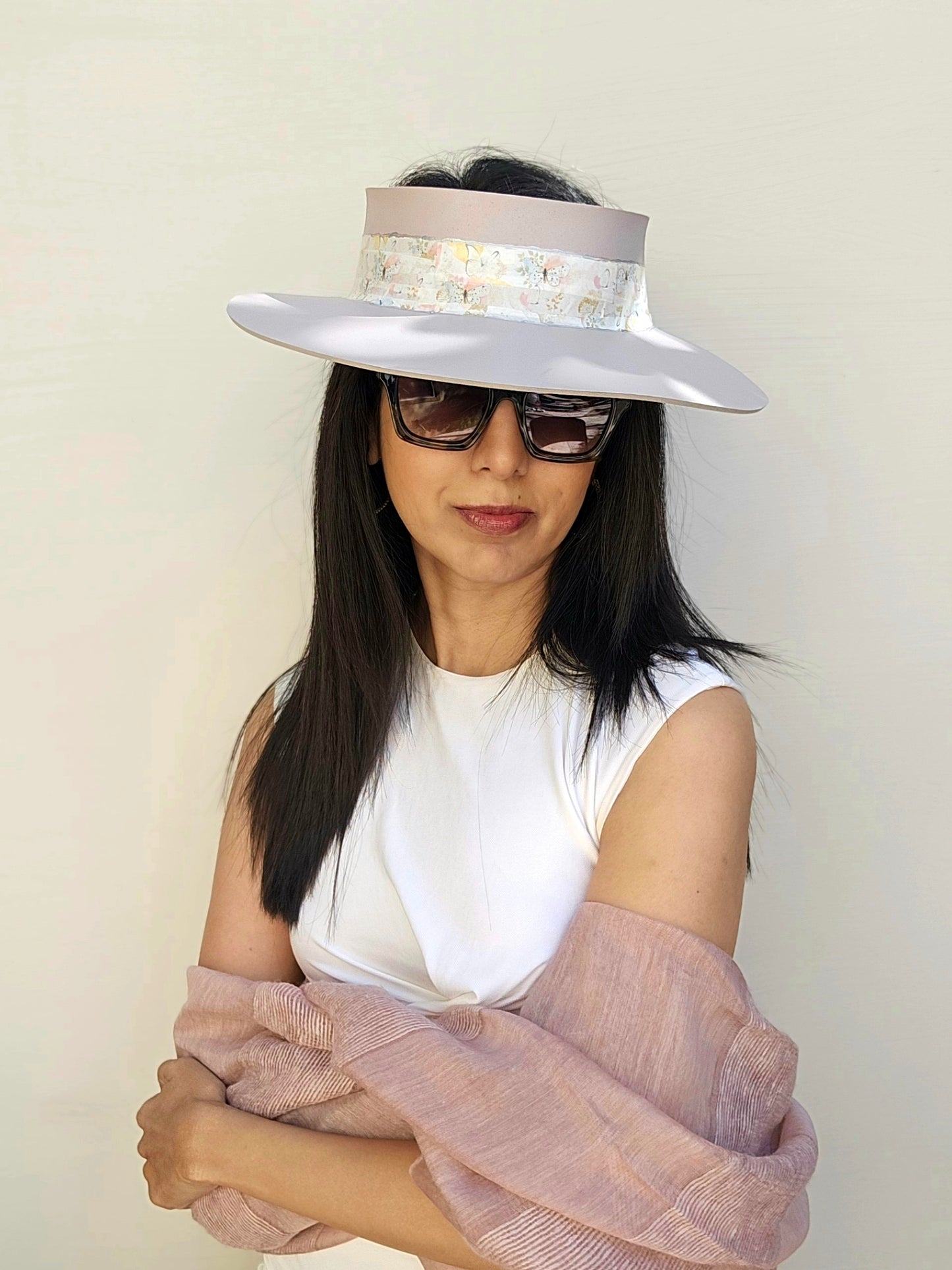 Light Pink "LadyEVA" Visor Hat with Pastel Floral and Butterfly Band