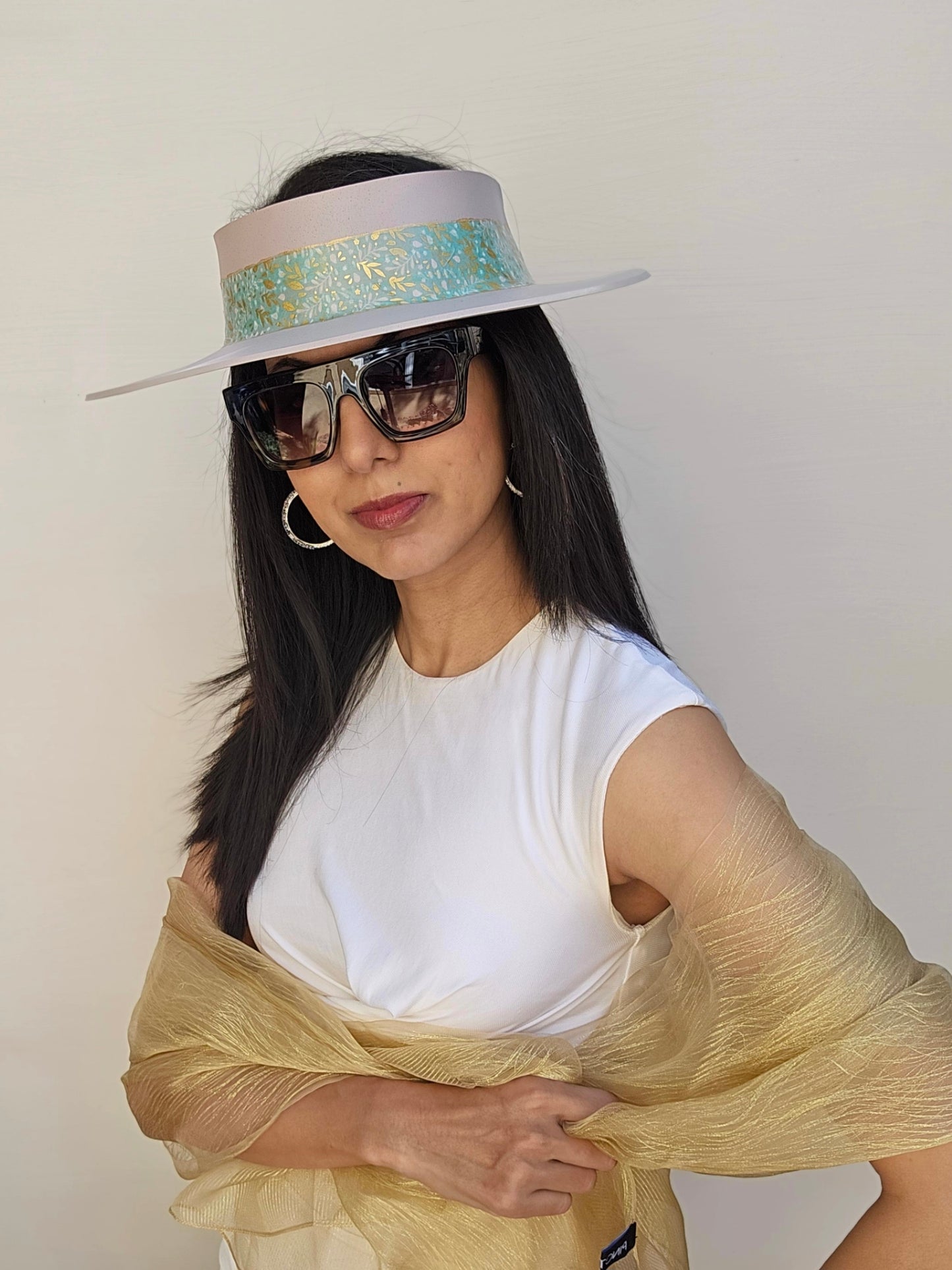 Light Pink "LadyEVA" Visor Hat with Seafoam Green and Gold Band