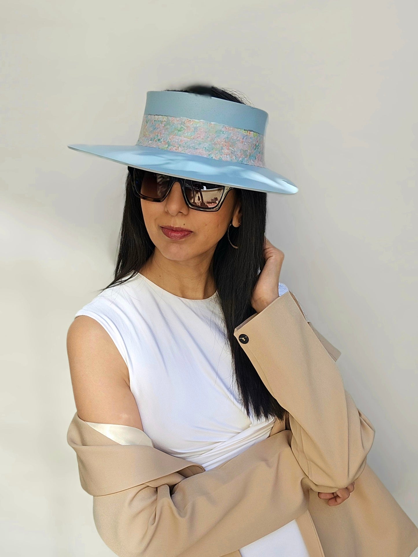 Tall Light Blue "LadyEVA" Visor Hat with Pastel Floral Band