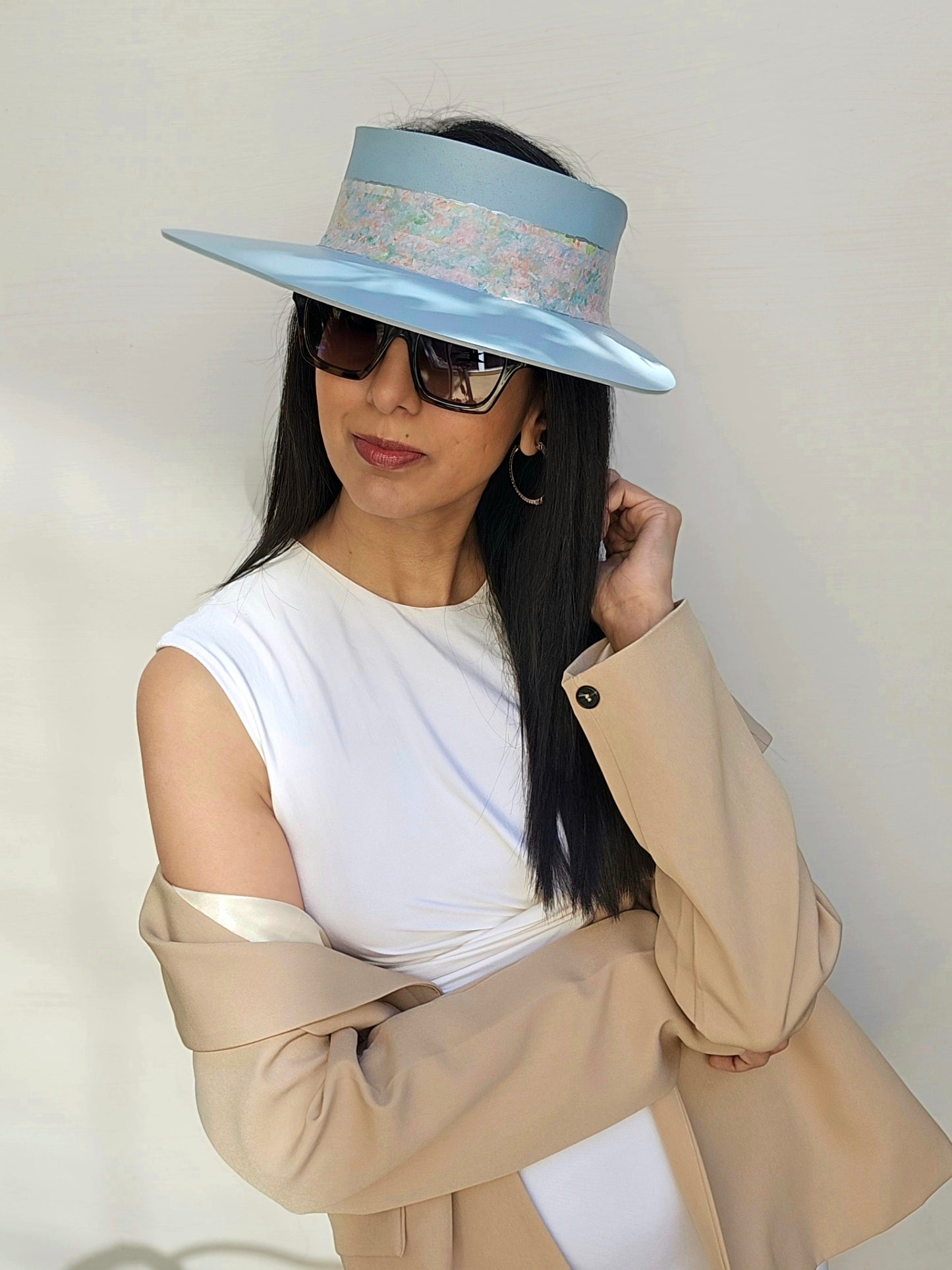 Tall Light Blue "LadyEVA" Visor Hat with Pastel Floral Band