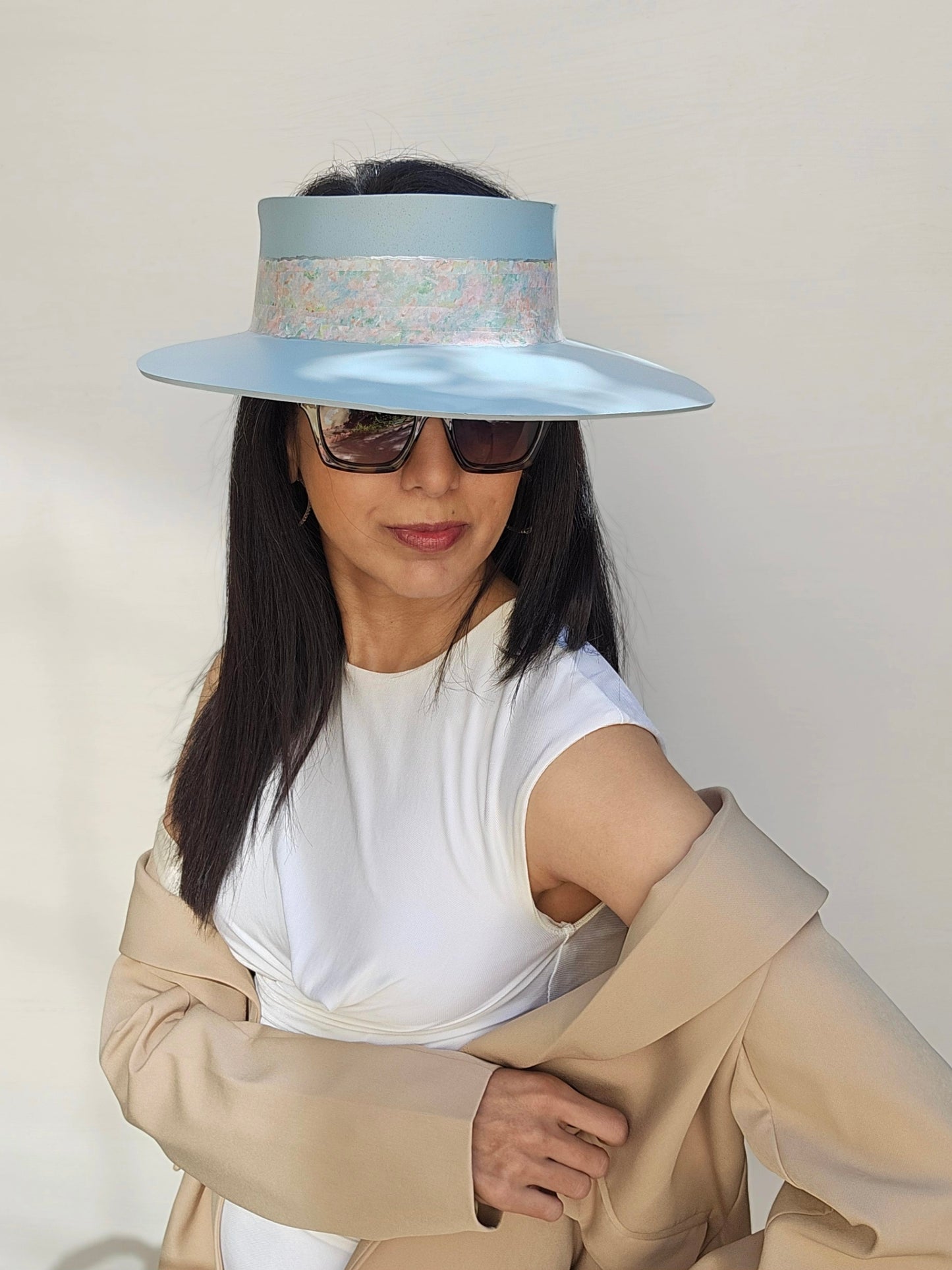 Tall Light Blue "LadyEVA" Visor Hat with Pastel Floral Band