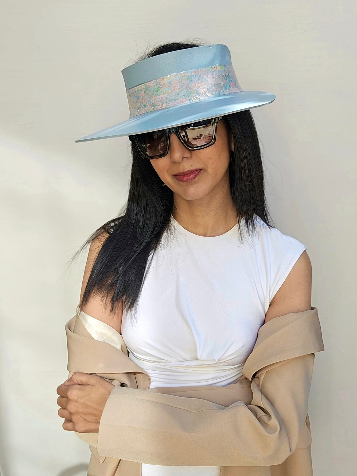 Tall Light Blue "LadyEVA" Visor Hat with Pastel Floral Band