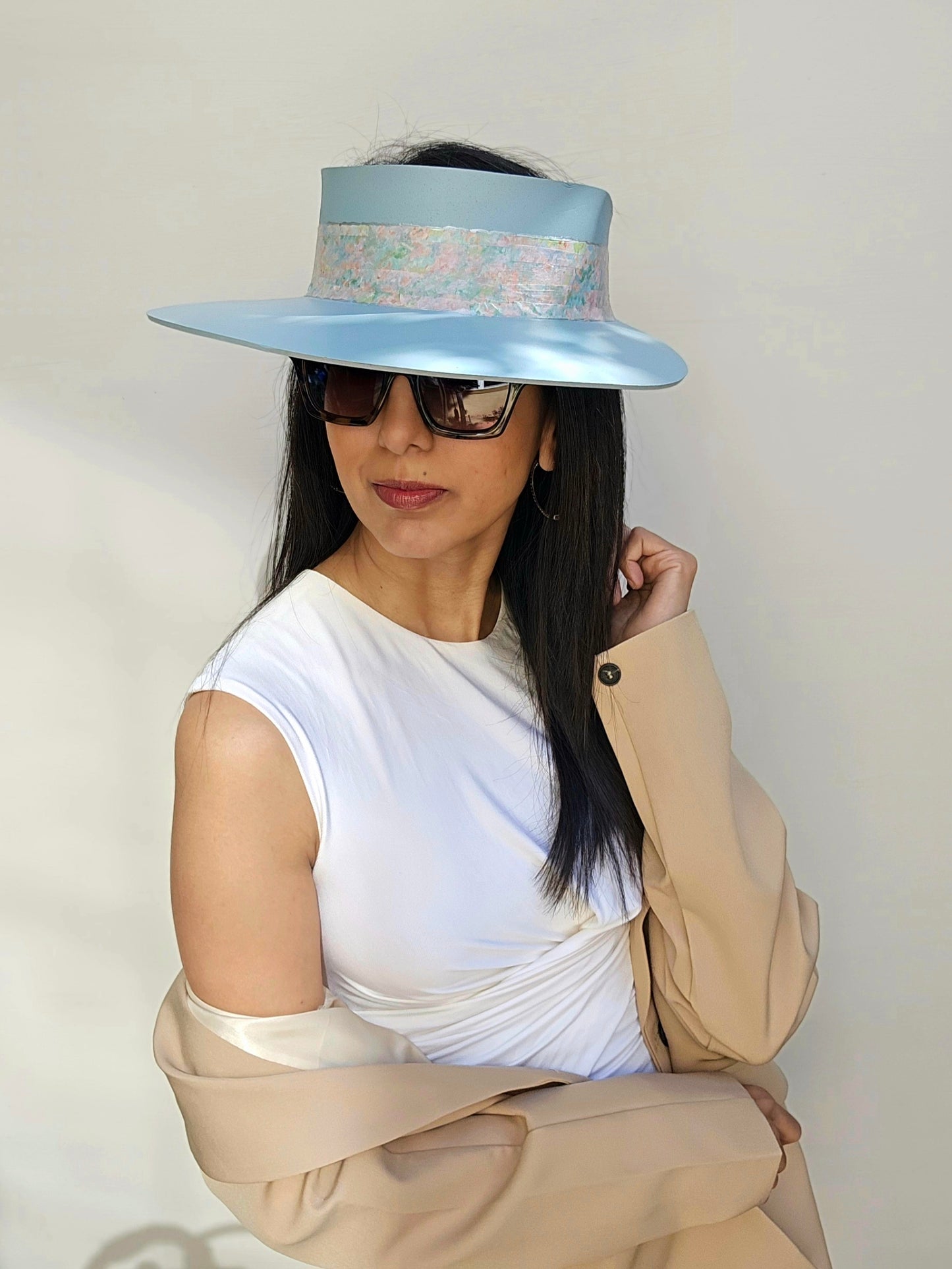 Tall Light Blue "LadyEVA" Visor Hat with Pastel Floral Band