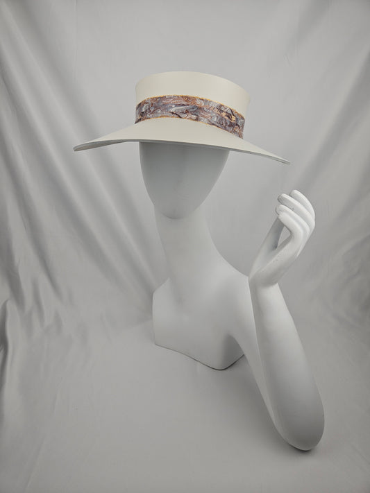 Cream StayShady Foam Sun Visor Hat with Marbled Browns Style Band: 1950s, Walks, Brunch, Asian, Golf, Easter, Church, No Headache, Derby