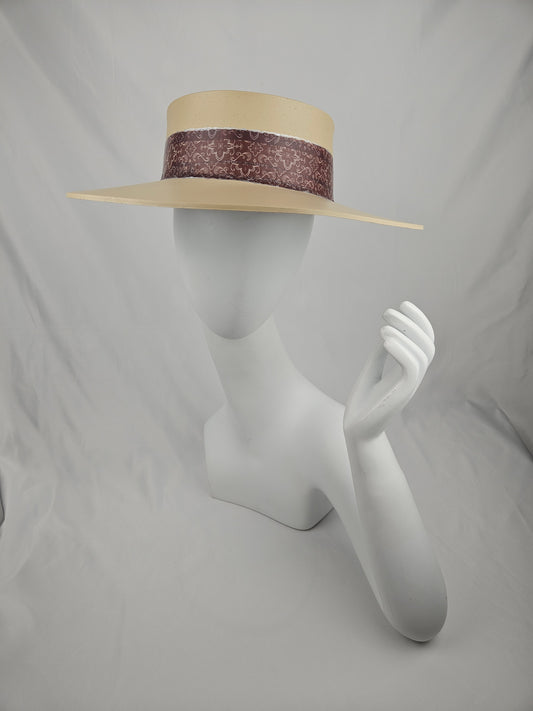 Tall Beautiful Beige StayShady Foam Sun Visor Hat with Elegant Geometric Burgundy Band: 1950s, Walks, Brunch, Asian, Golf, Easter, Church, No Headache, Derby