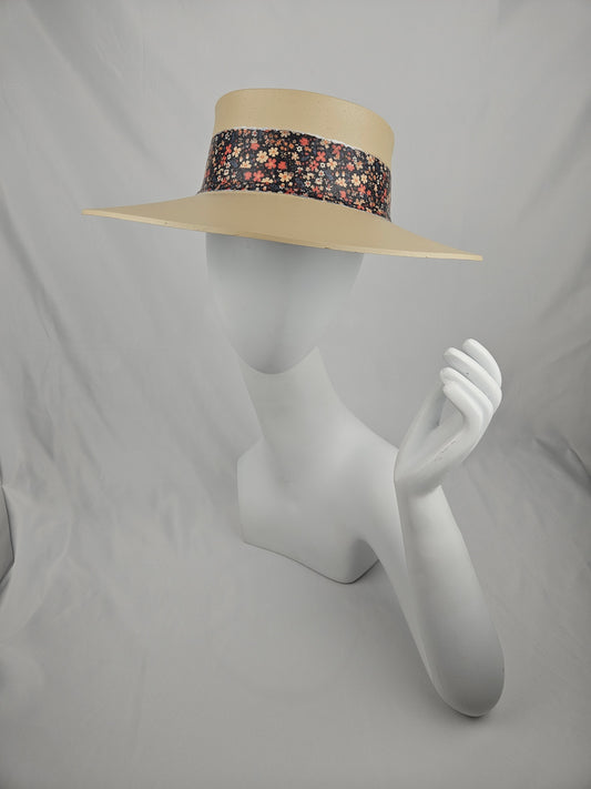 Tall Beige "LadyEVA" Visor Hat with Black Multicolored Floral Band