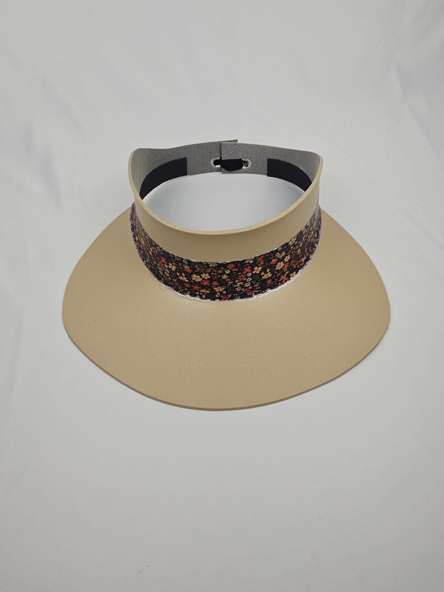 Tall Beige "LadyEVA" Visor Hat with Black Multicolored Floral Band