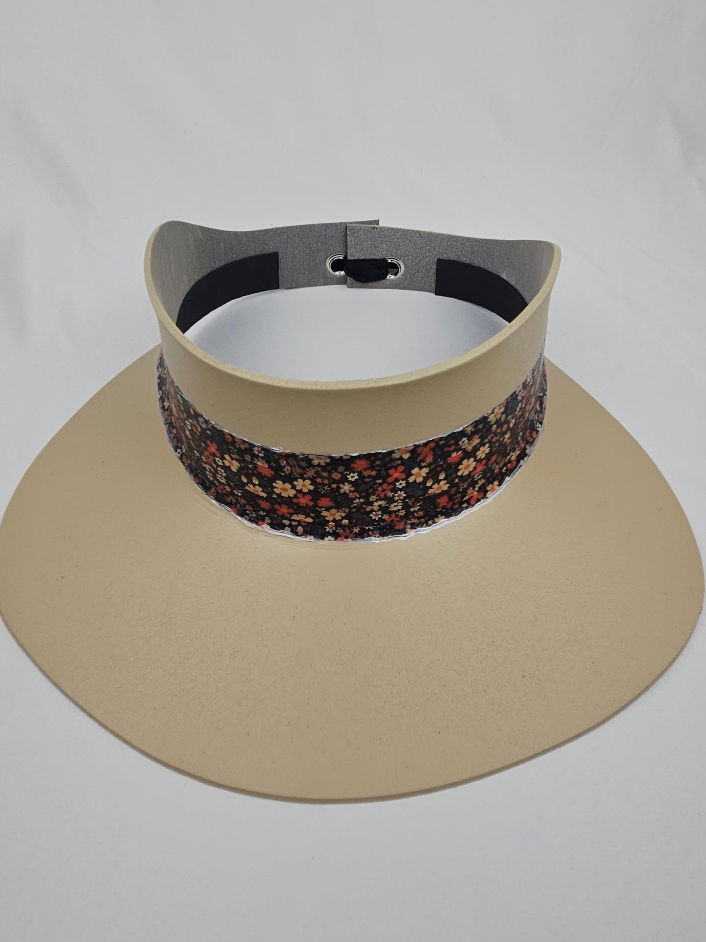 Tall Beige "LadyEVA" Visor Hat with Black Multicolored Floral Band