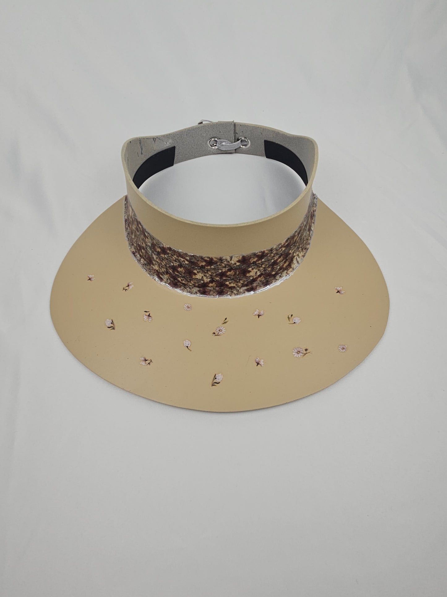 Tall Beige "LadyEVA" Visor Hat with Dulled Purple Floral Band