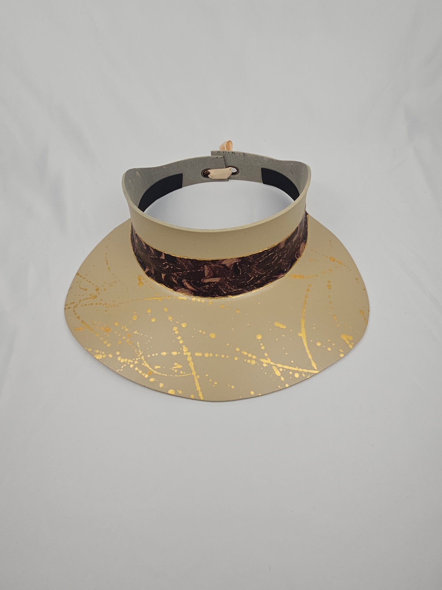 Beige "LadyEVA" Visor Hat with Marbled Dark Purple Band and Gold Paint Splatter Effect