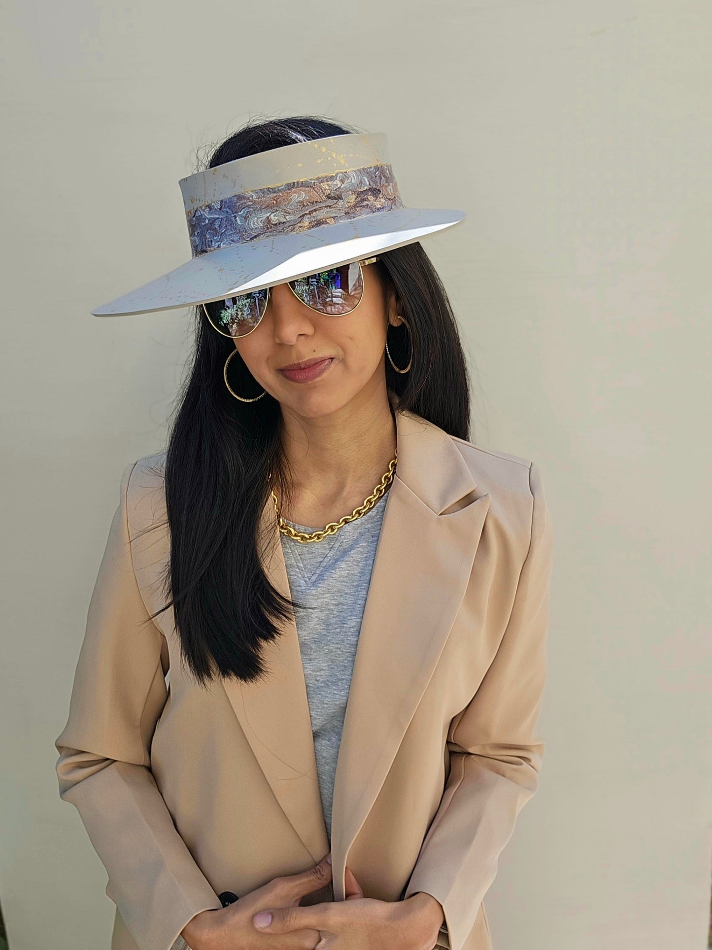 Taupe "LadyEVA" Visor Hat with Marbled Grey Band and Gold Splatter Effect