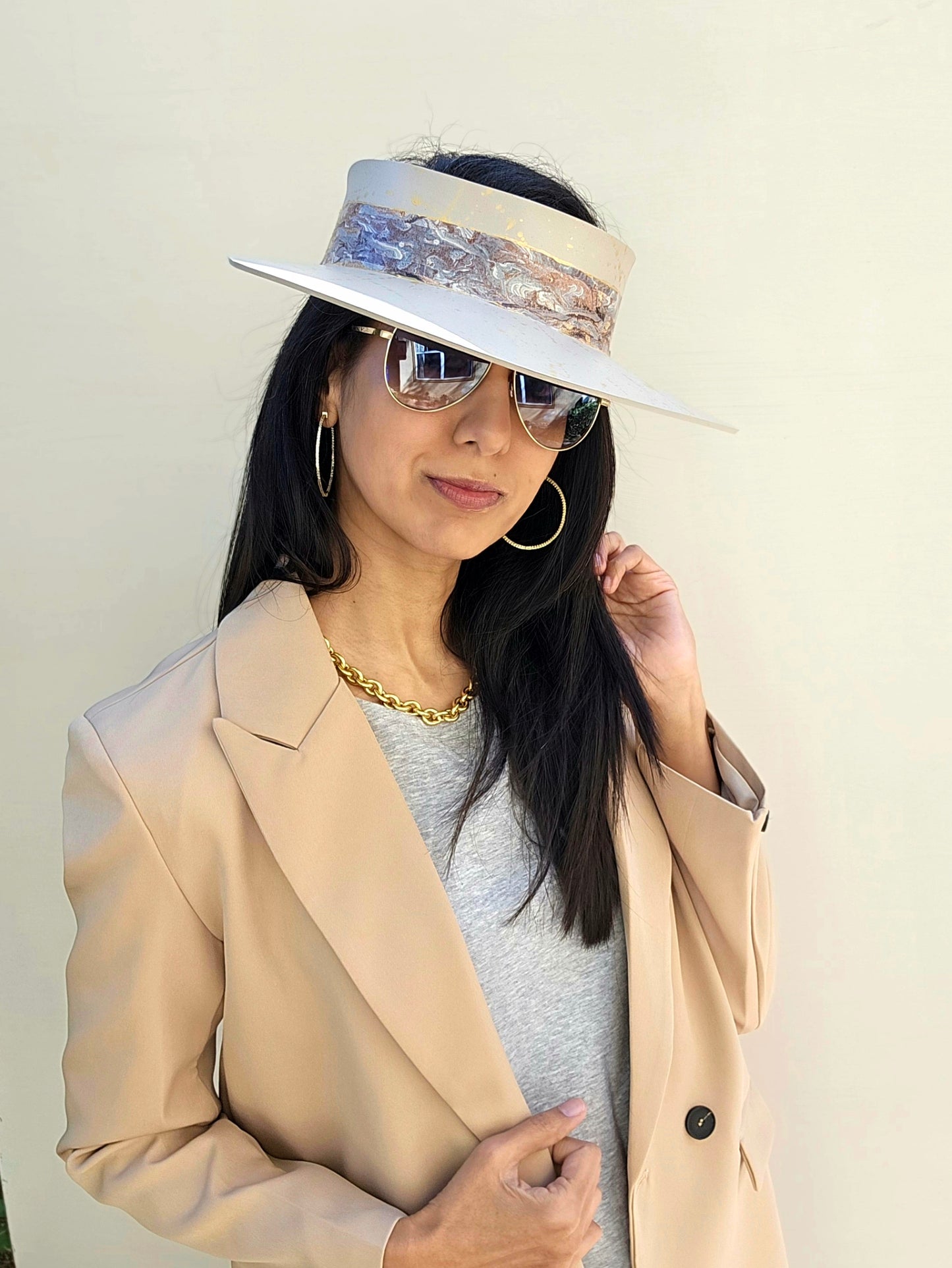 Taupe "LadyEVA" Visor Hat with Marbled Grey Band and Gold Splatter Effect