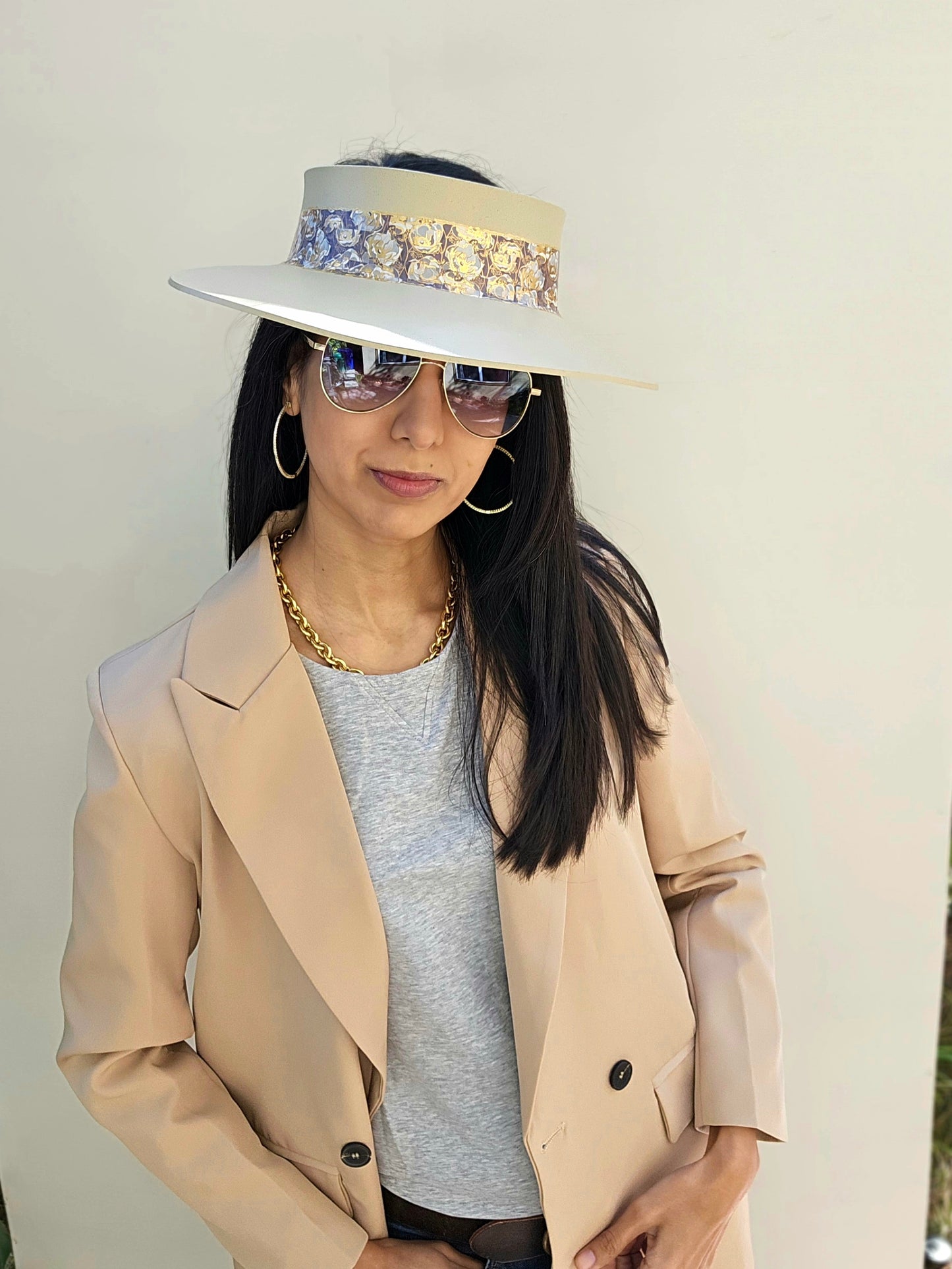 Beige "LadyEVA" Visor Hat with Golden Floral Band