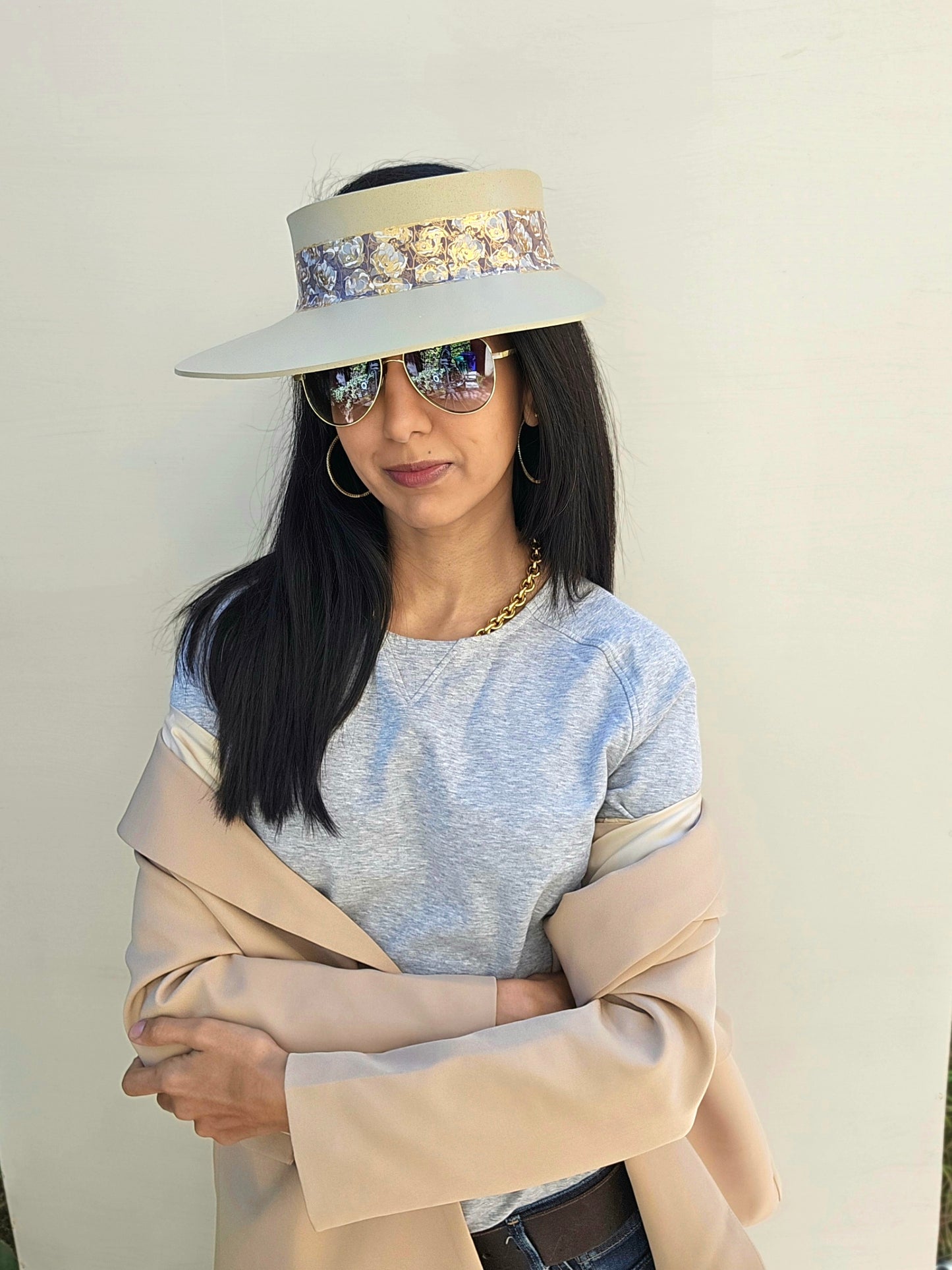 Beige "LadyEVA" Visor Hat with Golden Floral Band