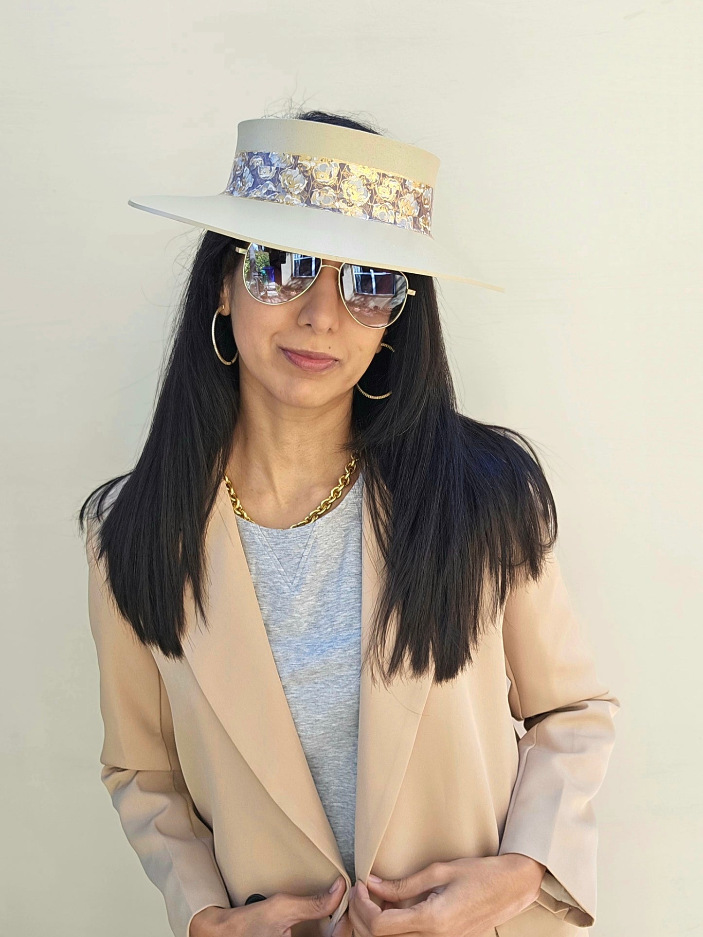 Beige "LadyEVA" Visor Hat with Golden Floral Band