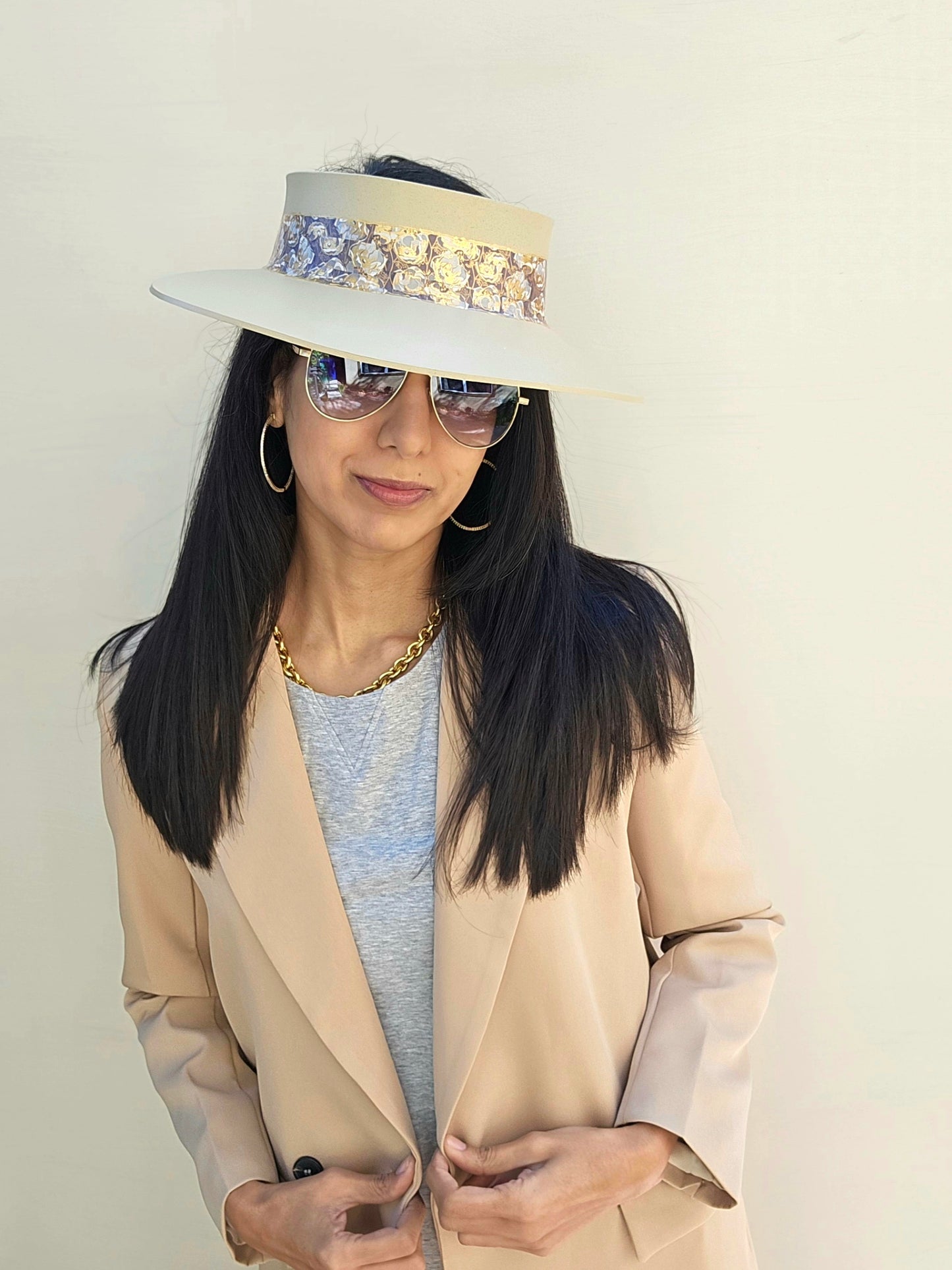 Beige "LadyEVA" Visor Hat with Golden Floral Band