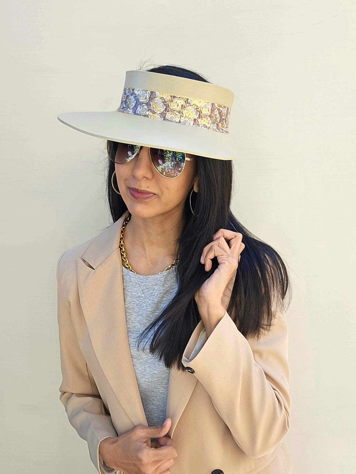 Beige "LadyEVA" Visor Hat with Golden Floral Band