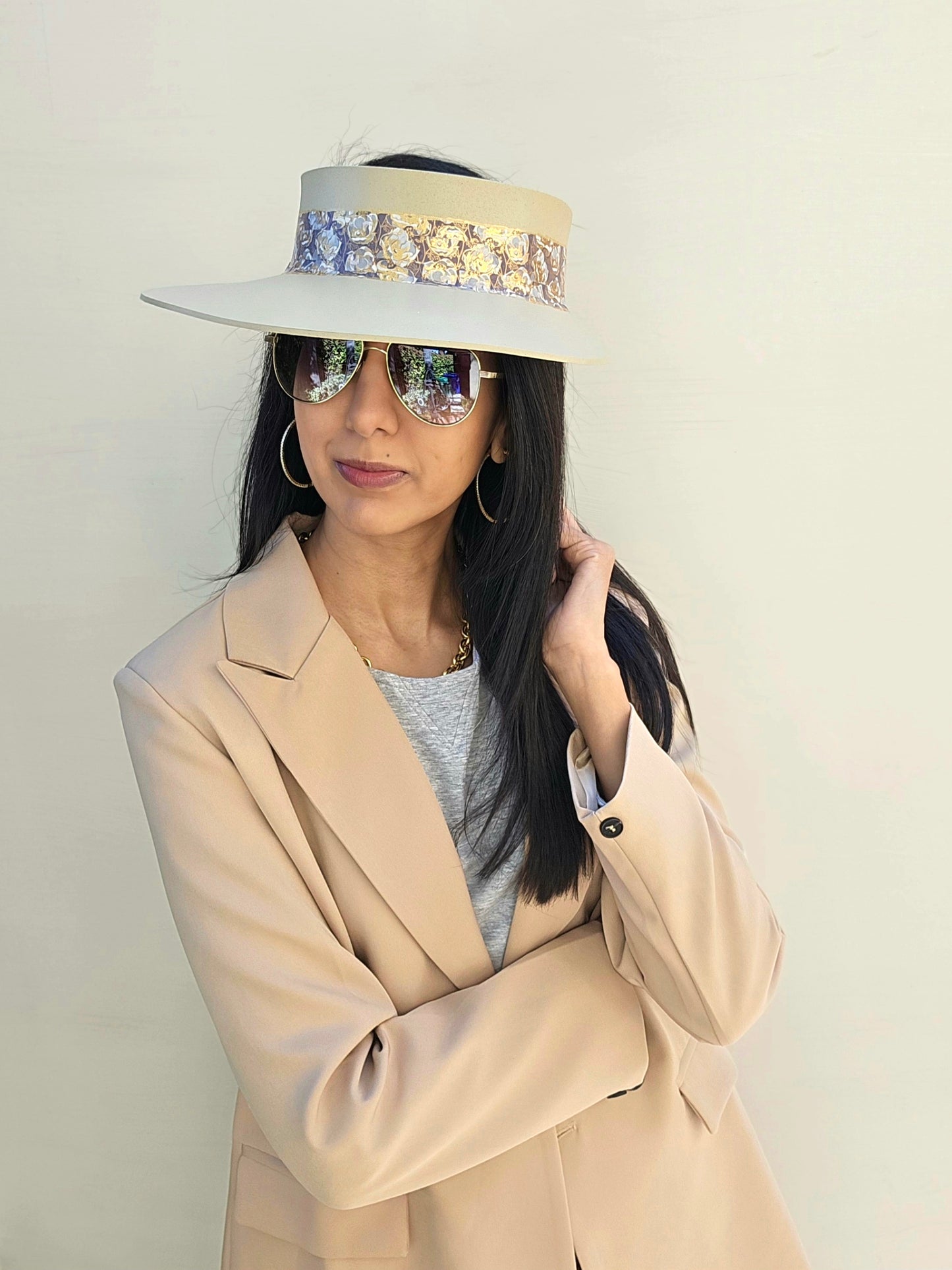 Beige "LadyEVA" Visor Hat with Golden Floral Band