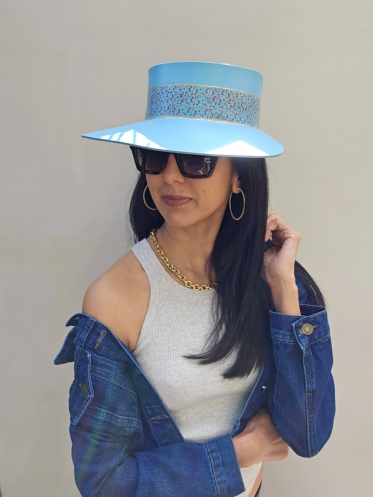 Tall Sky Blue "LadyEVA" Visor Hat with Delicate Floral Band