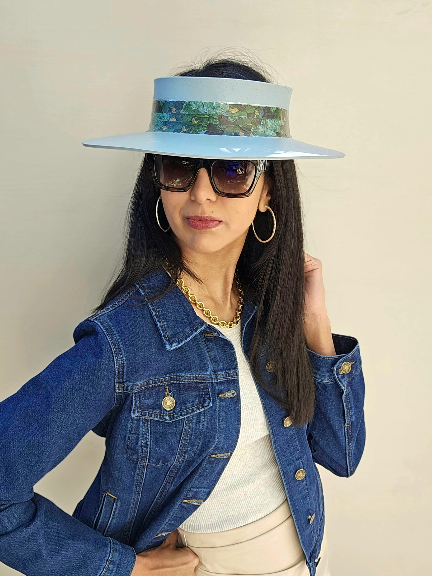 Light Blue "LadyEVA" Visor Hat with Green and Blue Monet Style Band