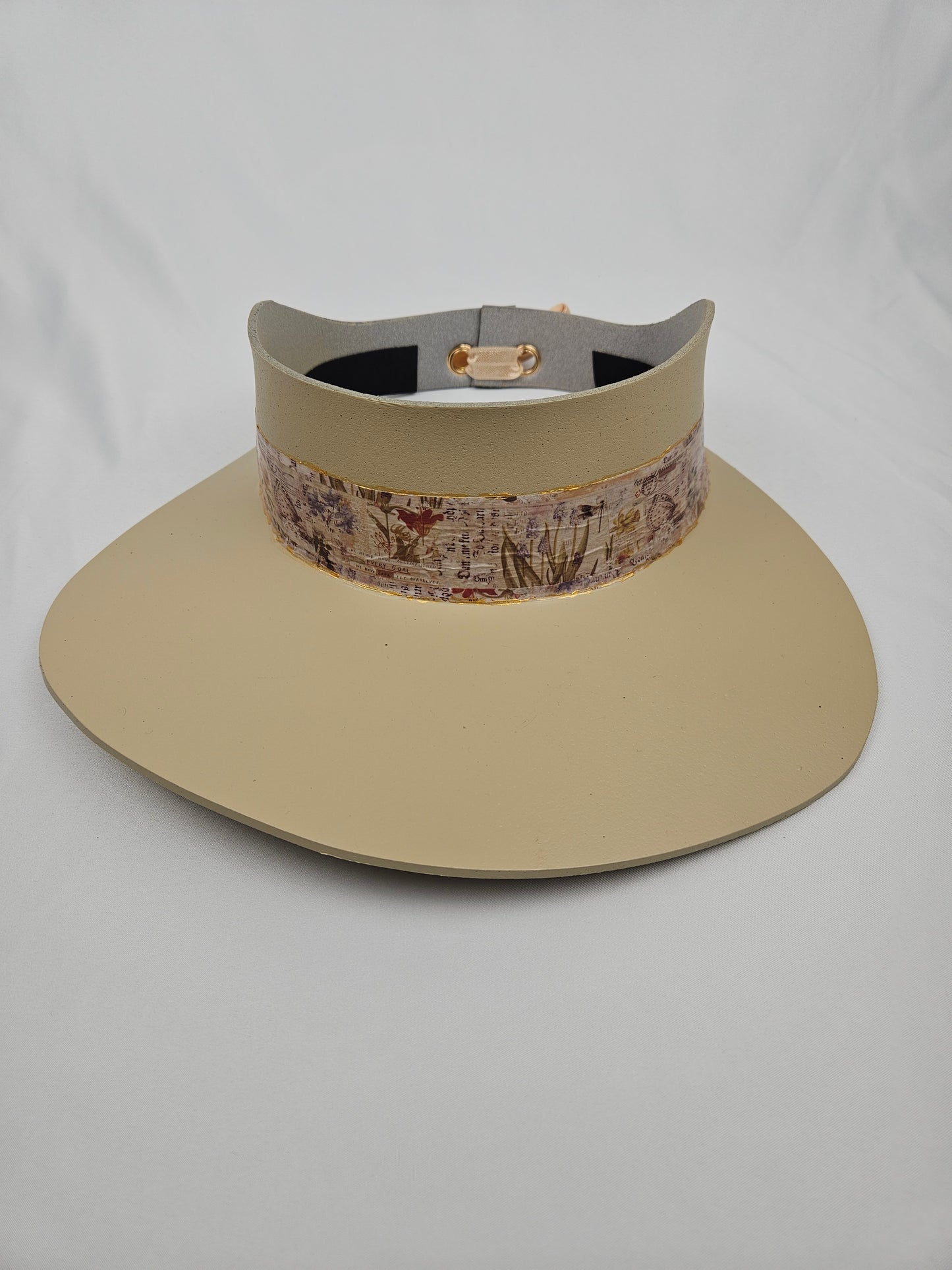 Tall Beige "LadyEVA" Visor Hat with Vintage Botanical Collage Band