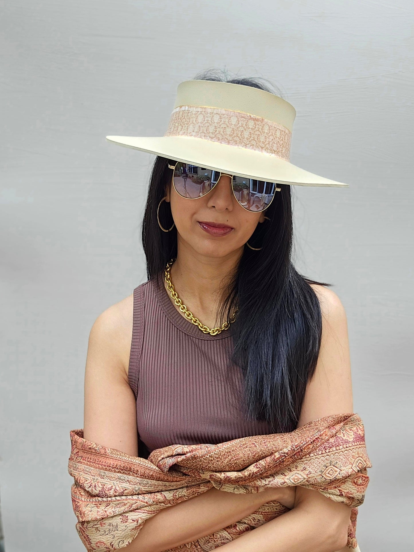 Tall Beige "LadyEVA" Visor Hat with Delicate Warm Brown Band