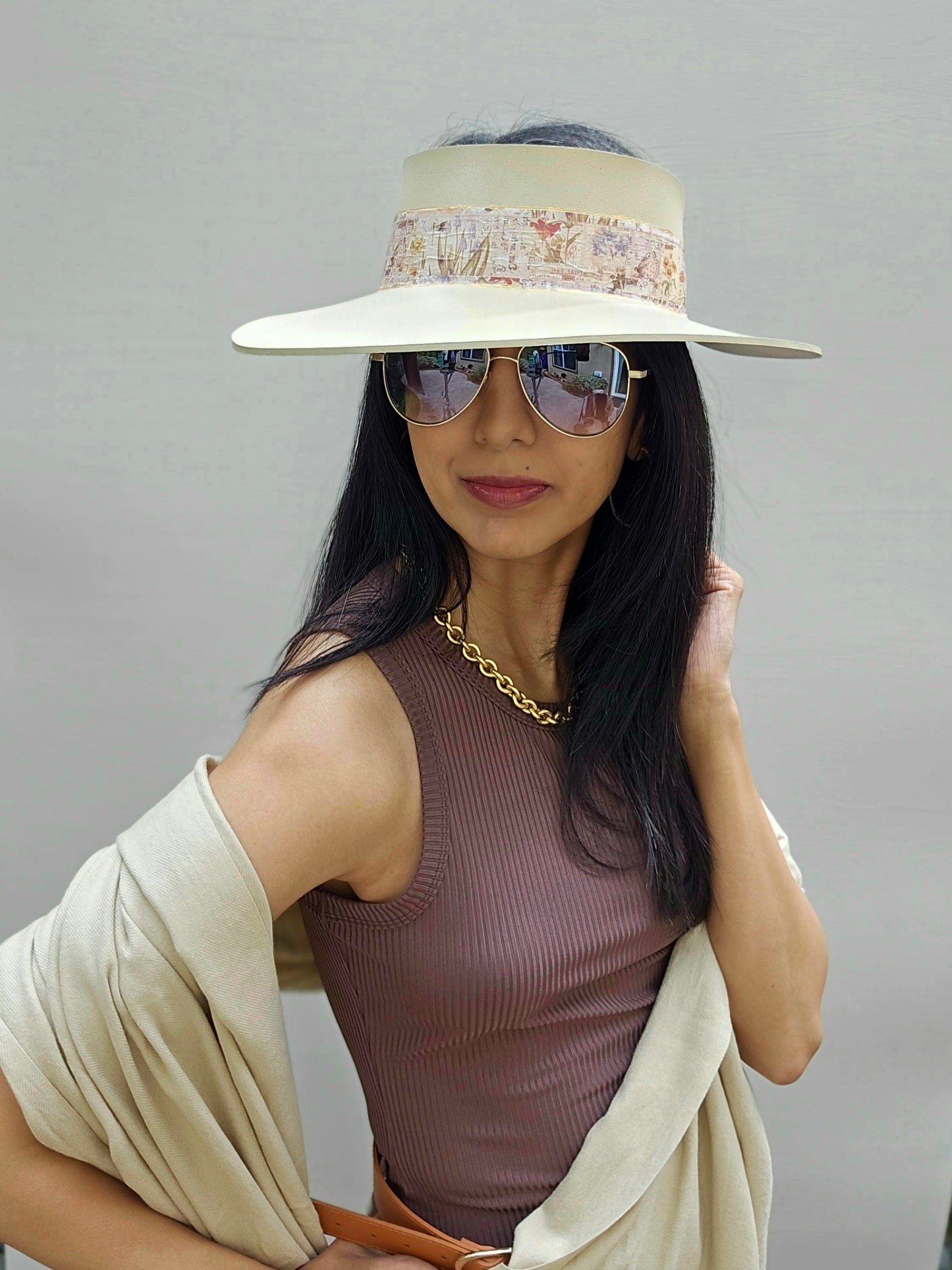 Tall Beige "LadyEVA" Visor Hat with Vintage Botanical Collage Band