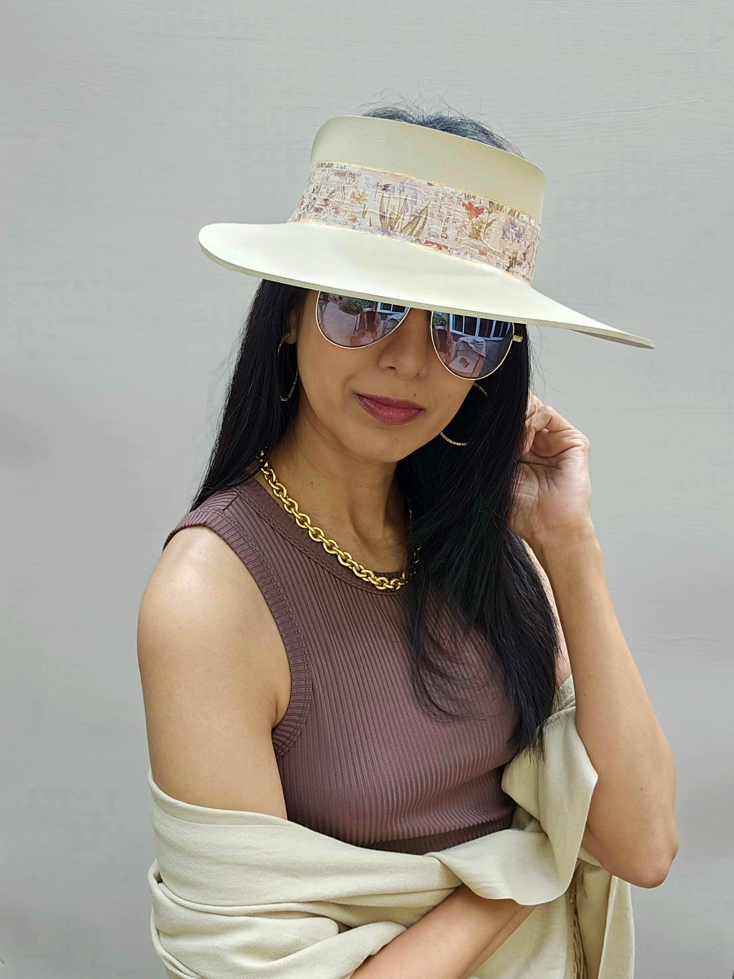 Tall Beige "LadyEVA" Visor Hat with Vintage Botanical Collage Band