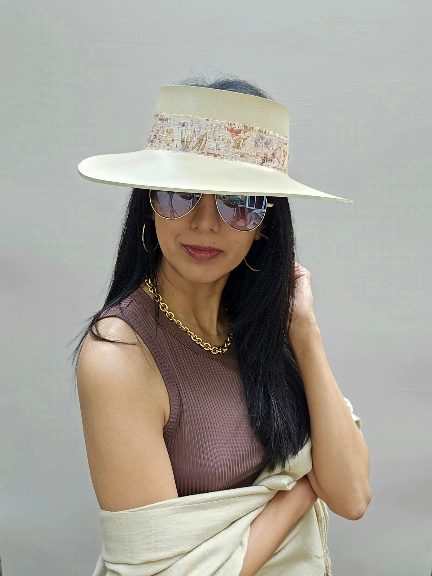 Tall Beige "LadyEVA" Visor Hat with Vintage Botanical Collage Band