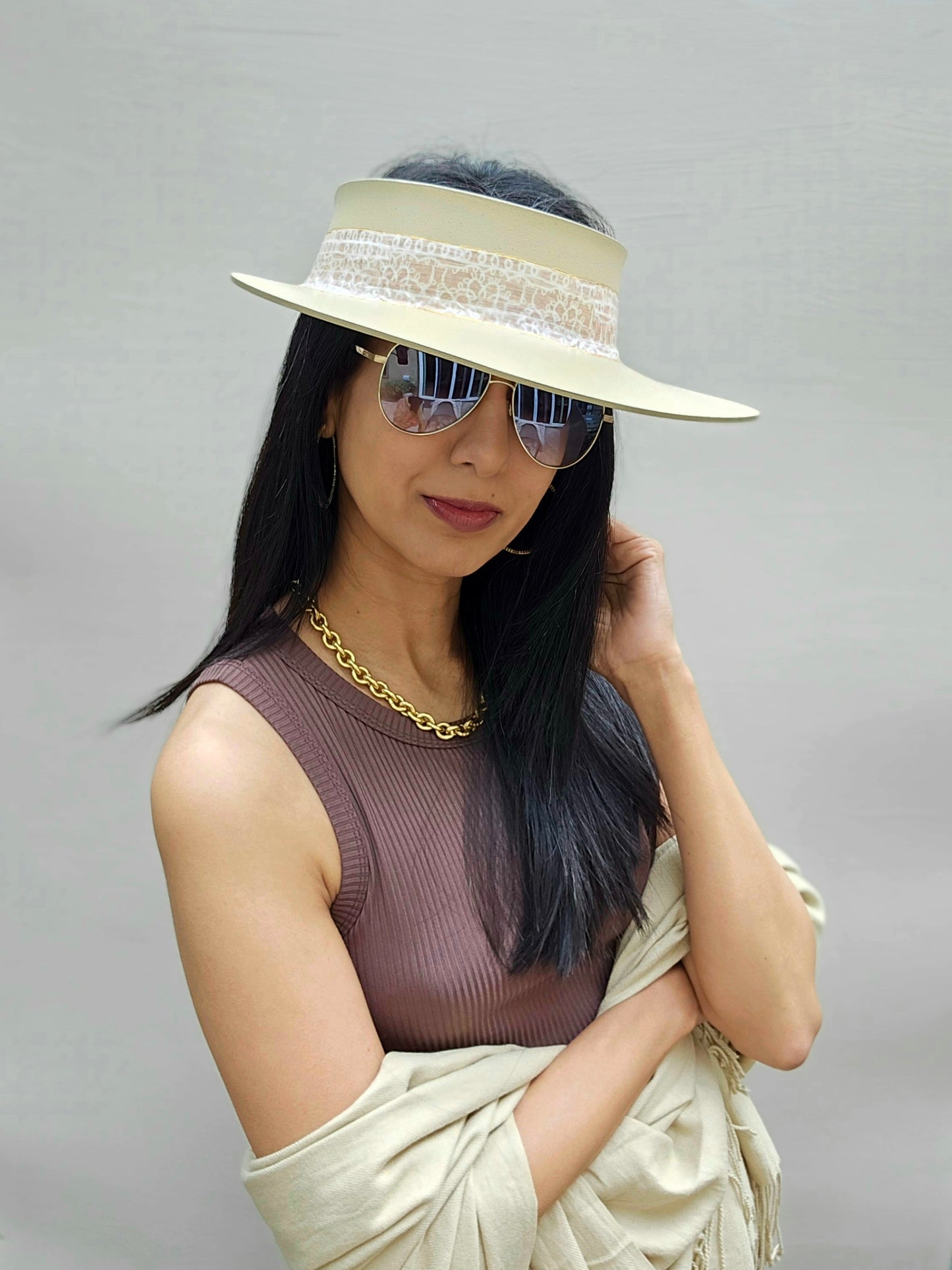 Beige "LadyEVA" Visor Hat with Graphic Line Band