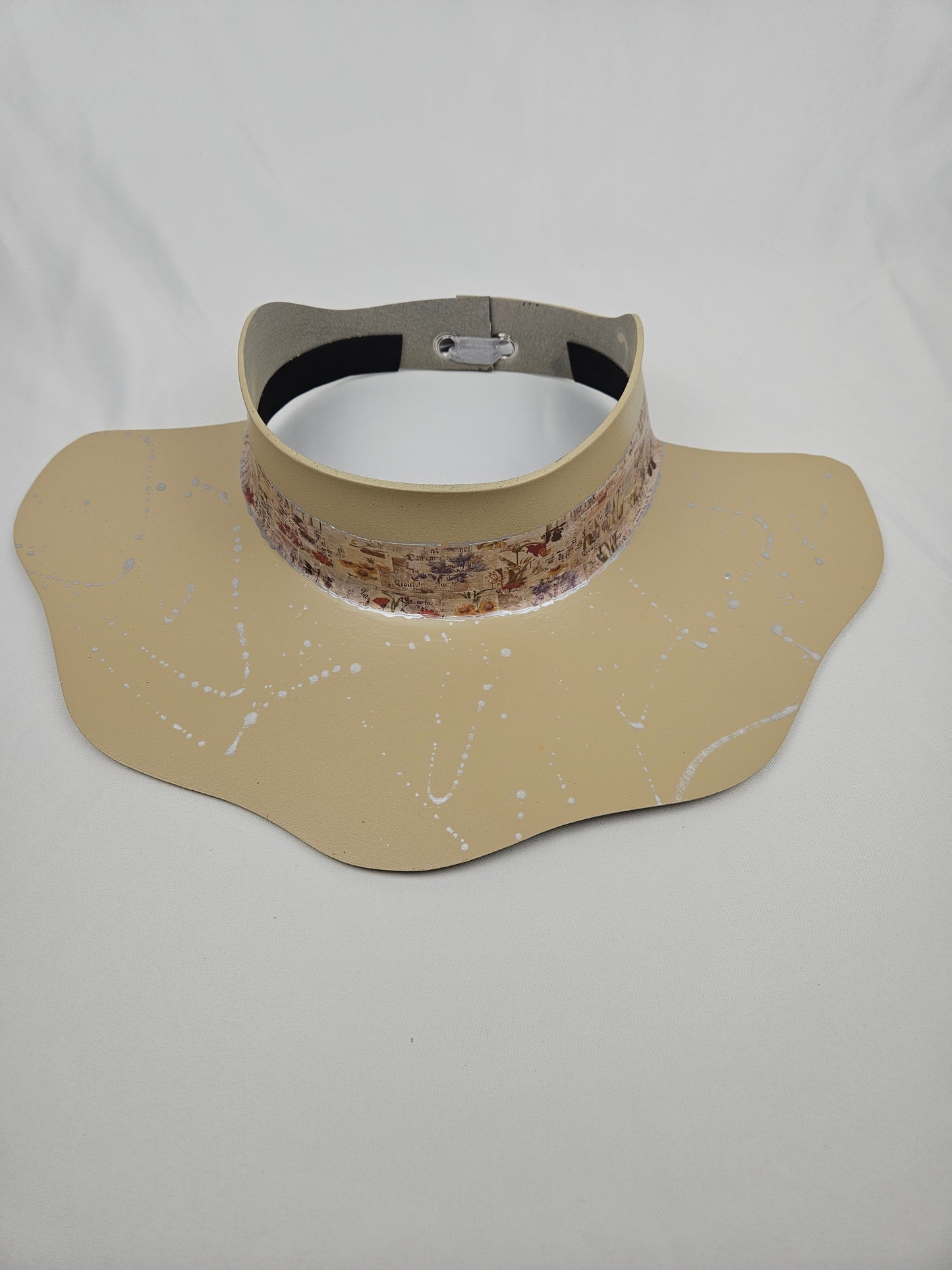 Beige Lotus Visor Hat with Vintage Floral Style Band and Silver Paint Splatter