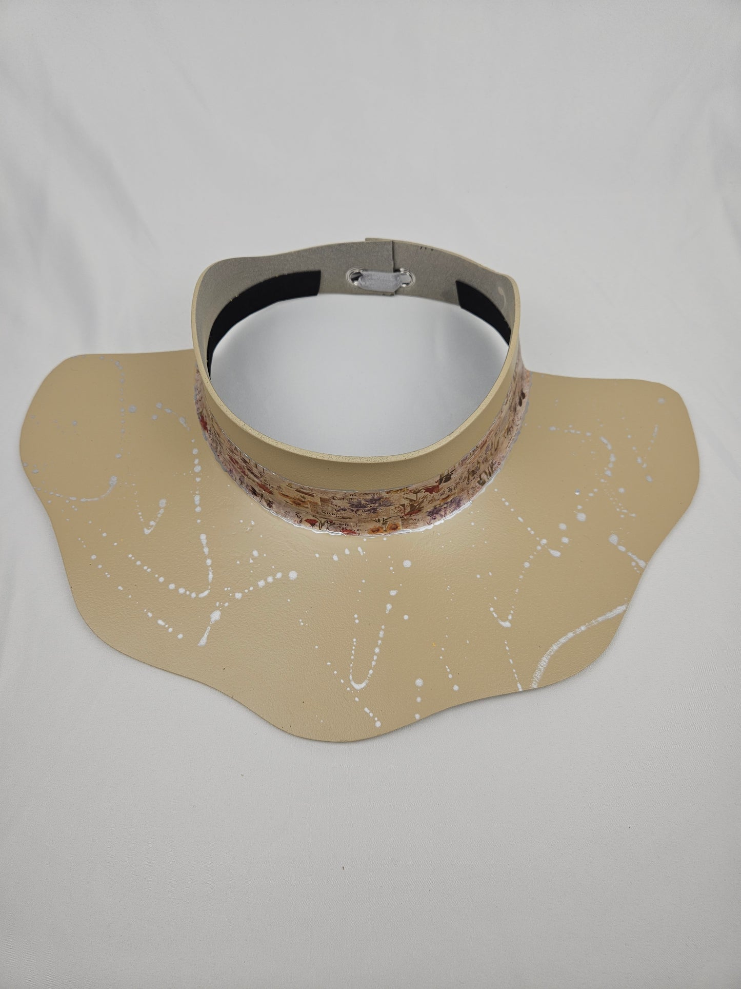 Beige Lotus Visor Hat with Vintage Floral Style Band and Silver Paint Splatter