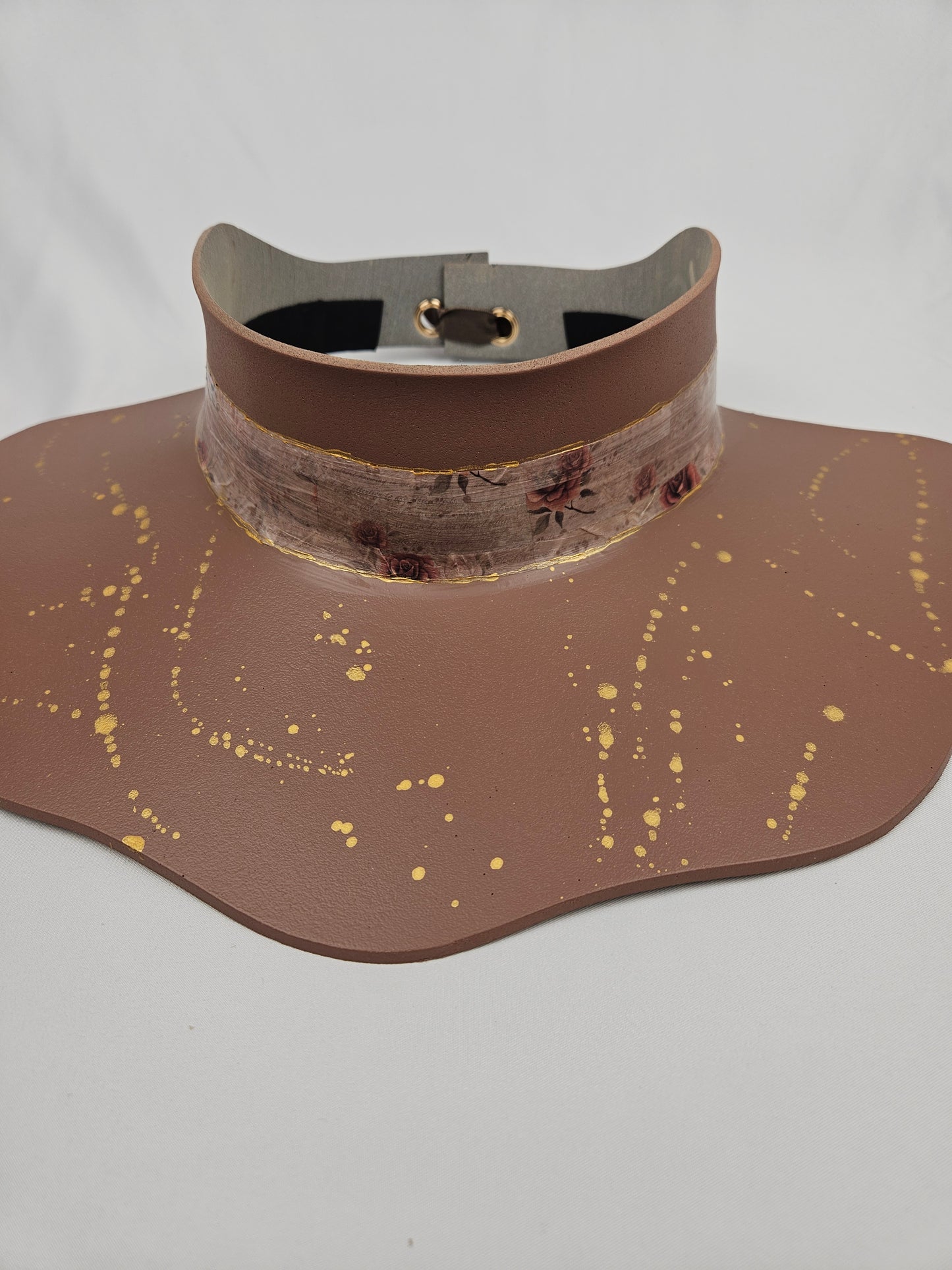 Brown Lotus Visor Hat with Warm Brown and Burgundy Floral Style Band and Golden Paint Splatter