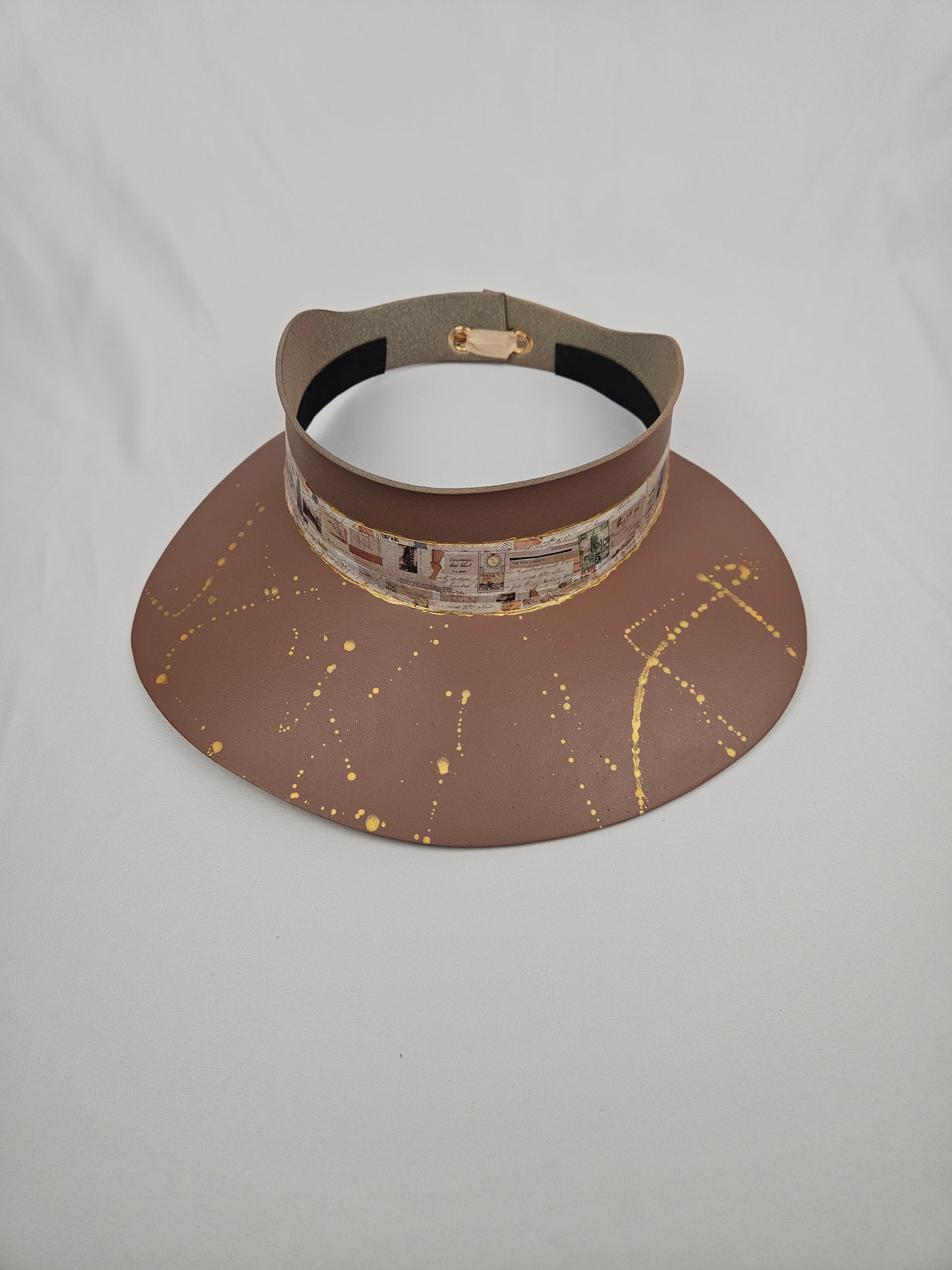 Brown "LadyEVA" Visor Hat with Brown Collage Style Band and Golden Paint Splatter